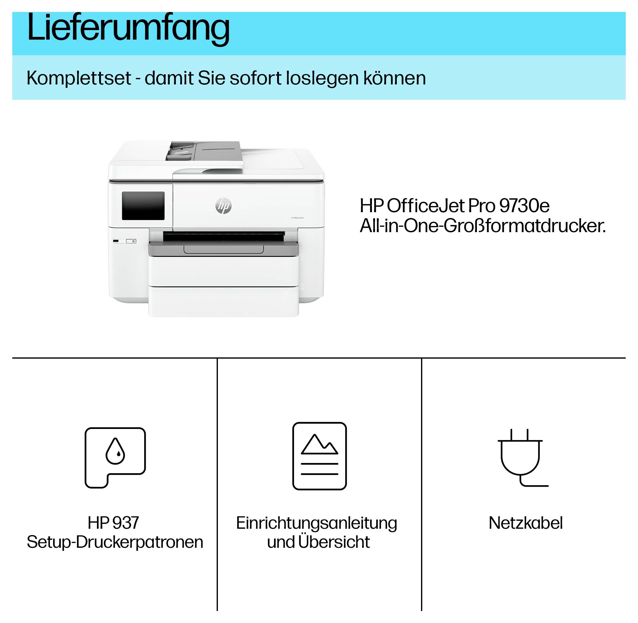 Inhalt des HP OfficeJet Pro 9730e Pakets: Drucker, HP 937 Tintenpatronen zum Einrichten, Installationsanleitung und Stromkabel.