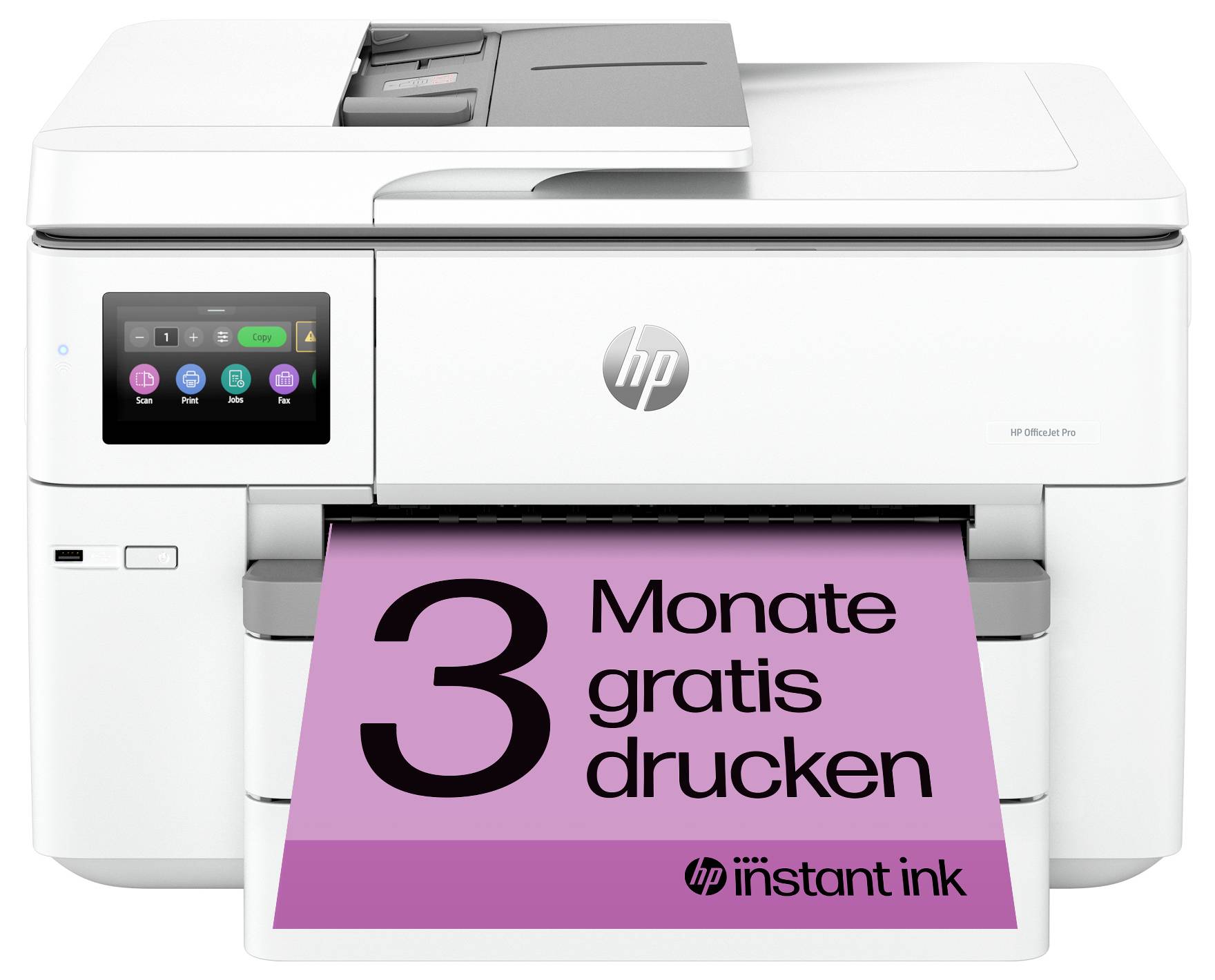 Weißer HP-Multifunktionsdrucker von vorne gezeigt, druckt ein rosa Werbeplakat, auf dem "3 Monate gratis drucken" und "hp instant ink" zu lesen ist.