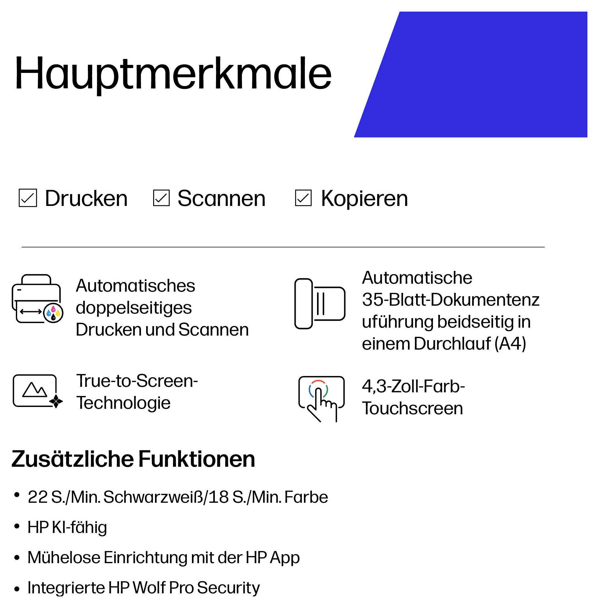 Funktionsliste des deutschen Druckers: Drucken, Scannen, Kopieren, automatisches beidseitiges Drucken/Scannen, 35-Blatt-ADF, bildschirmgetreue Technologie, 4,3-Zoll-Farb-Touchscreen und zusätzliche Funktionen.