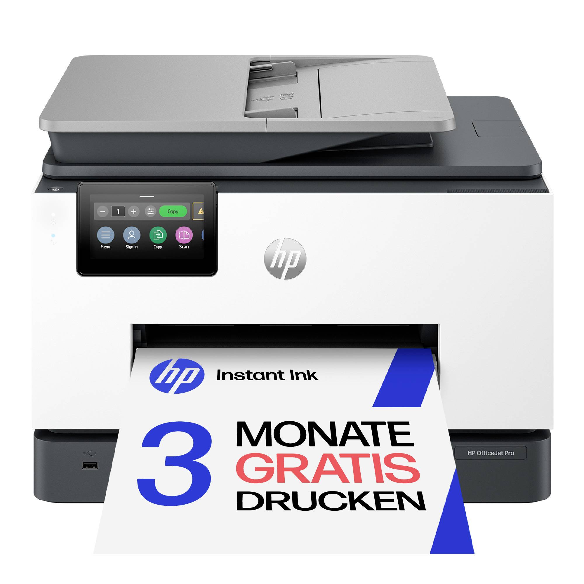 HP Multifunktionsdrucker in Vorderansicht, druckt eine Werbeseite mit der Aufschrift „3 Monate gratis drucken