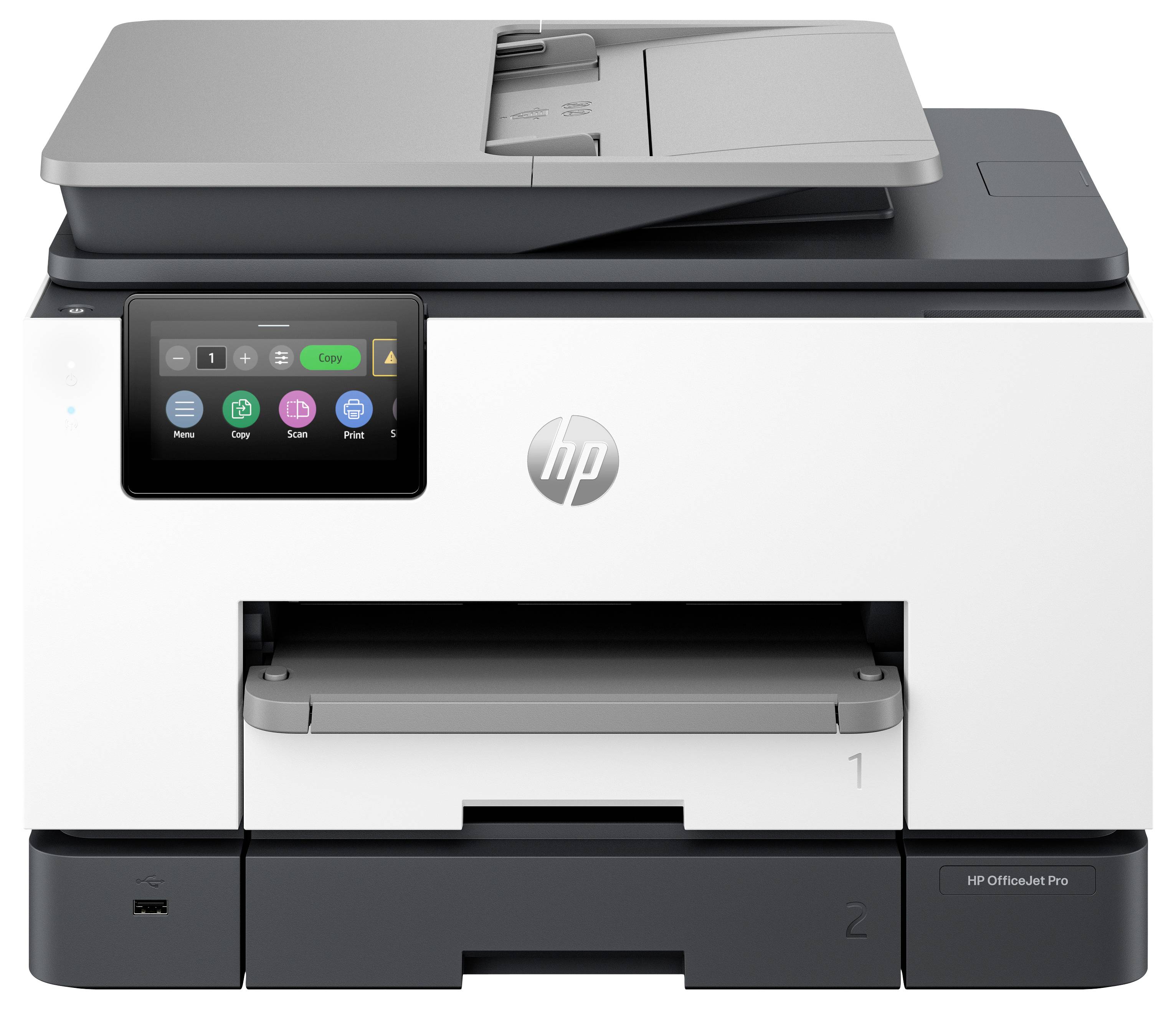 Vorderansicht eines HP OfficeJet Pro Multifunktionsdruckers mit Touchscreen-Bedienfeld und Papierfächern.