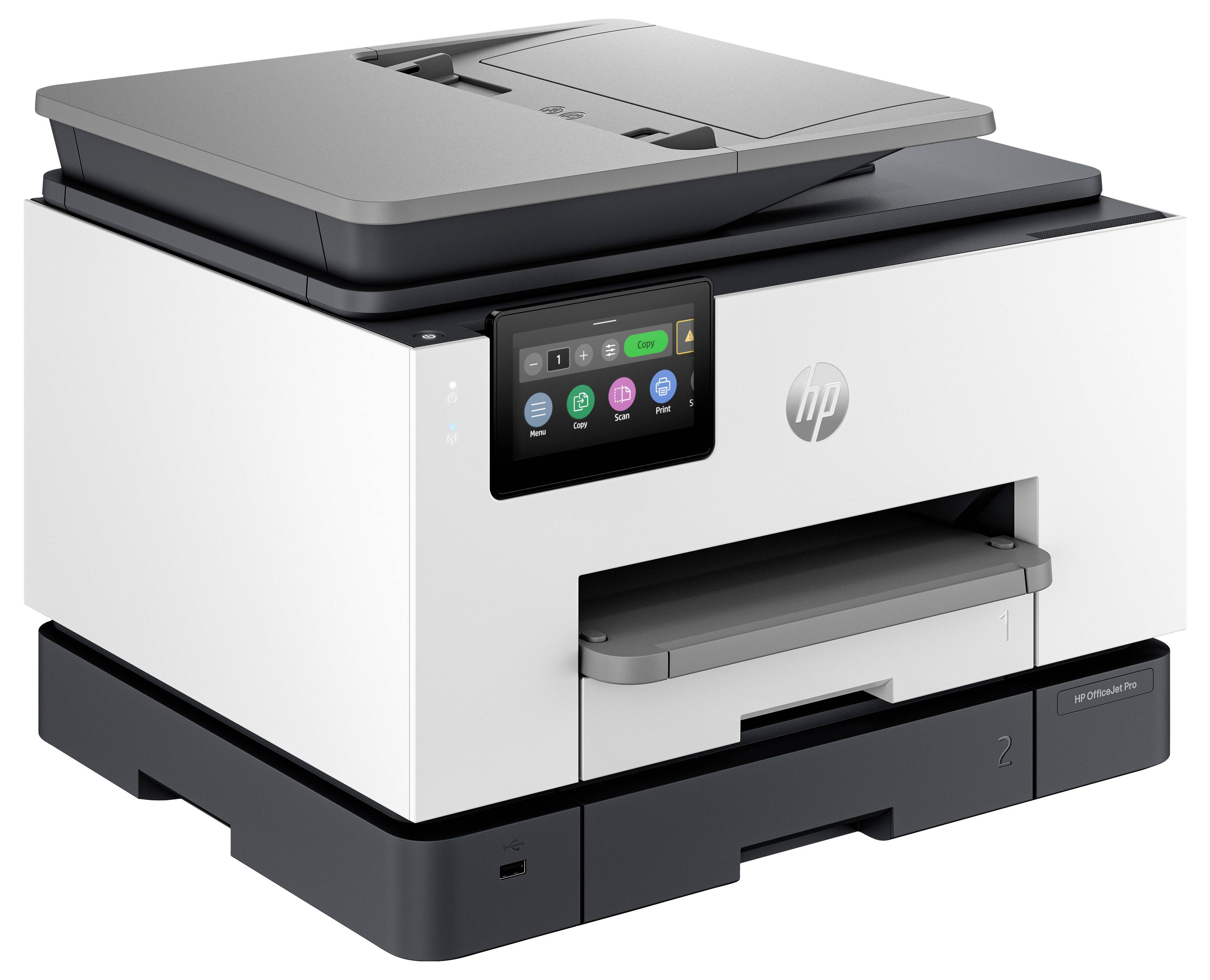 HP Multifunktionsdrucker mit Touchscreen-Bedienfeld, Papierfach und Flachbettscanner oben.