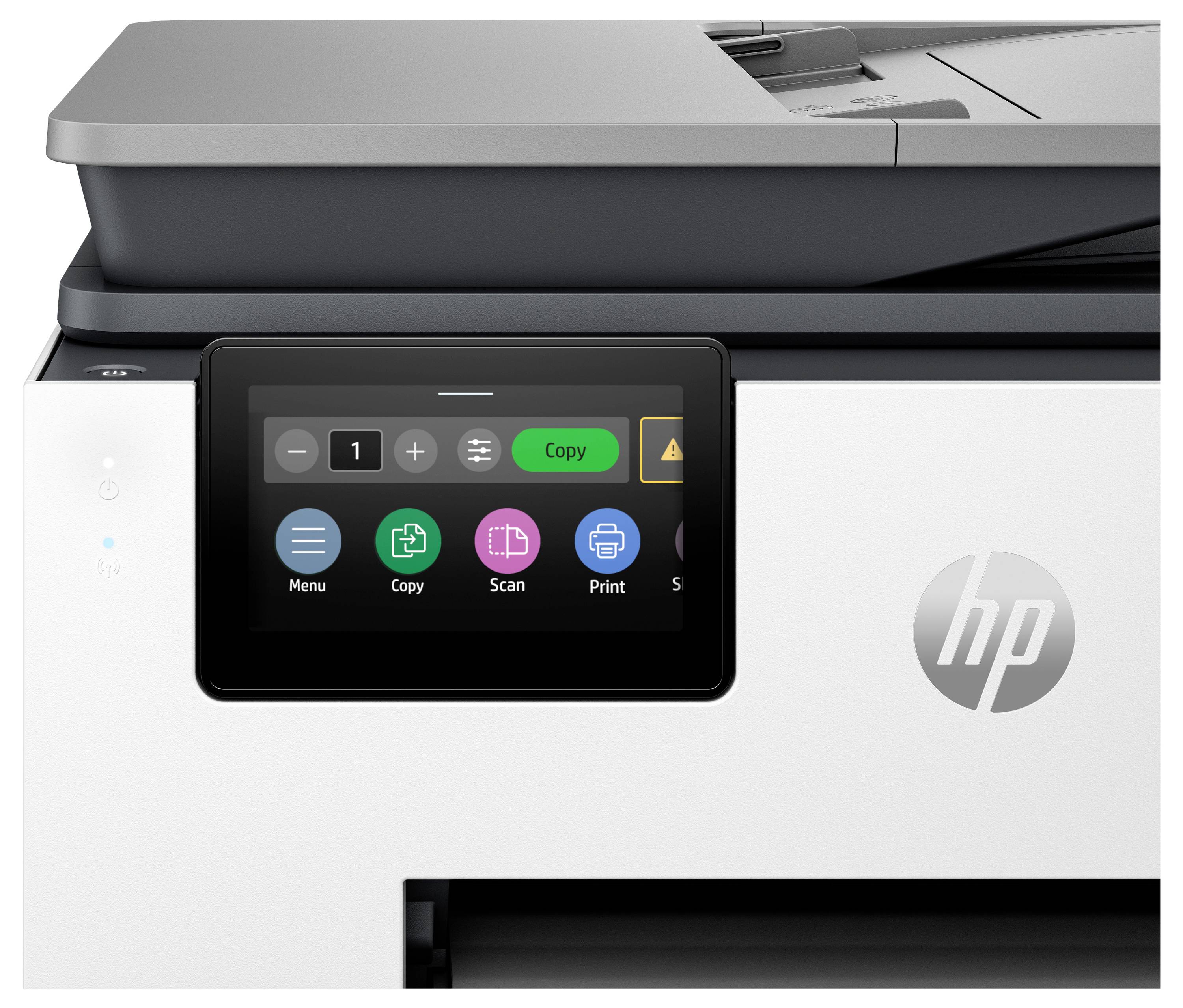 Vorderansicht eines HP-Multifunktionsdruckers mit Touchscreen, auf dem die Optionen Kopieren, Scannen und Drucken angezeigt werden.