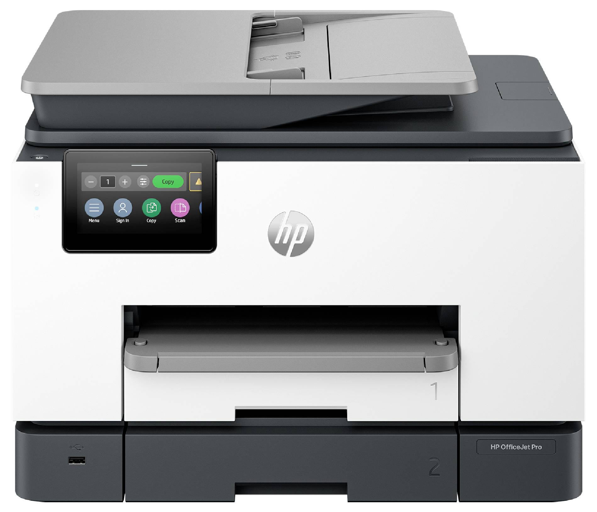 Frontansicht eines HP OfficeJet Pro Multifunktionsdruckers mit Touchscreen-Bedienfeld, Flachbettscanner oben und Papierschächten unten.