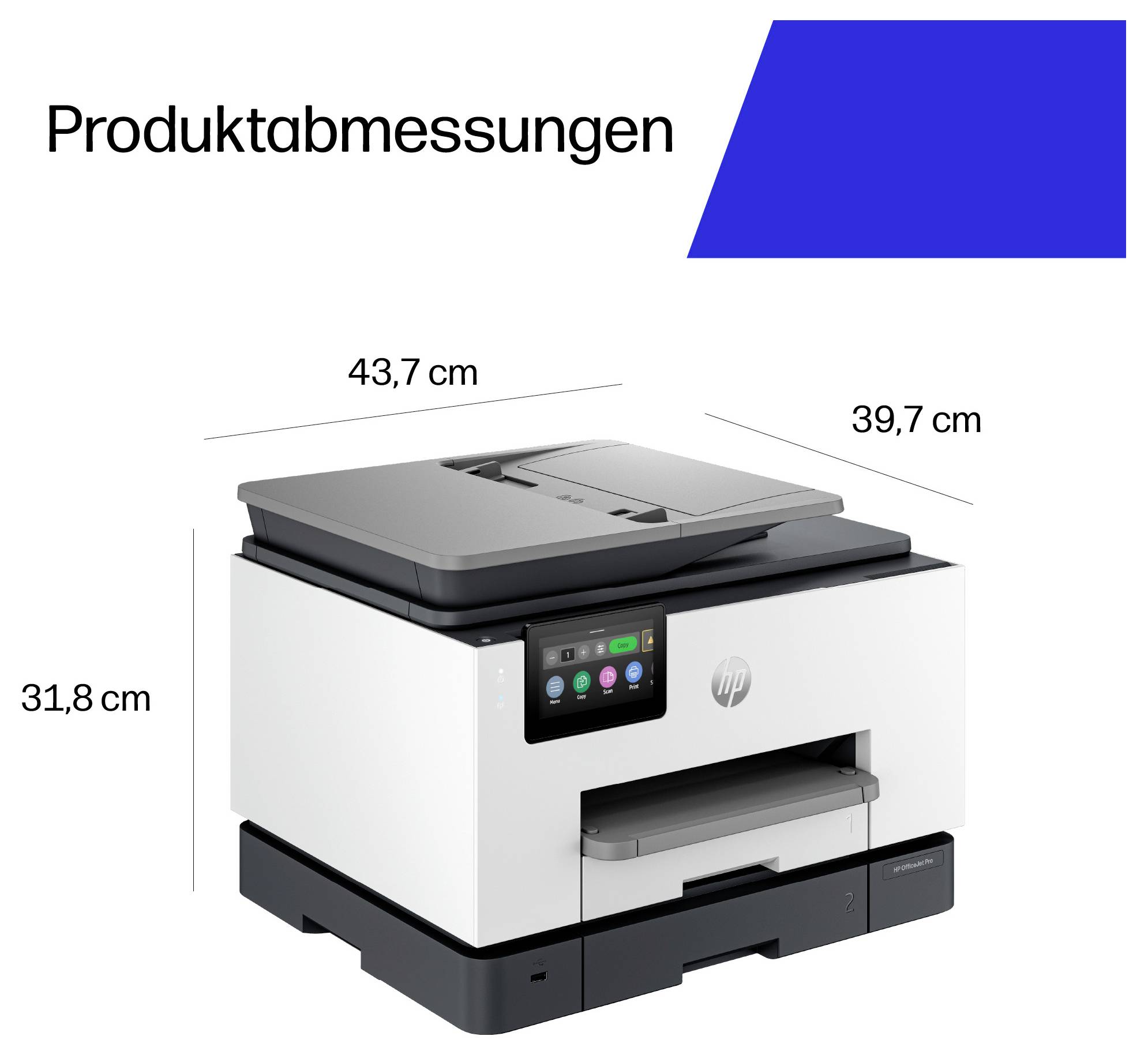 HP-Multifunktionsdrucker mit gekennzeichneten Abmessungen: 43,7 cm breit, 39,7 cm tief und 31,8 cm hoch.