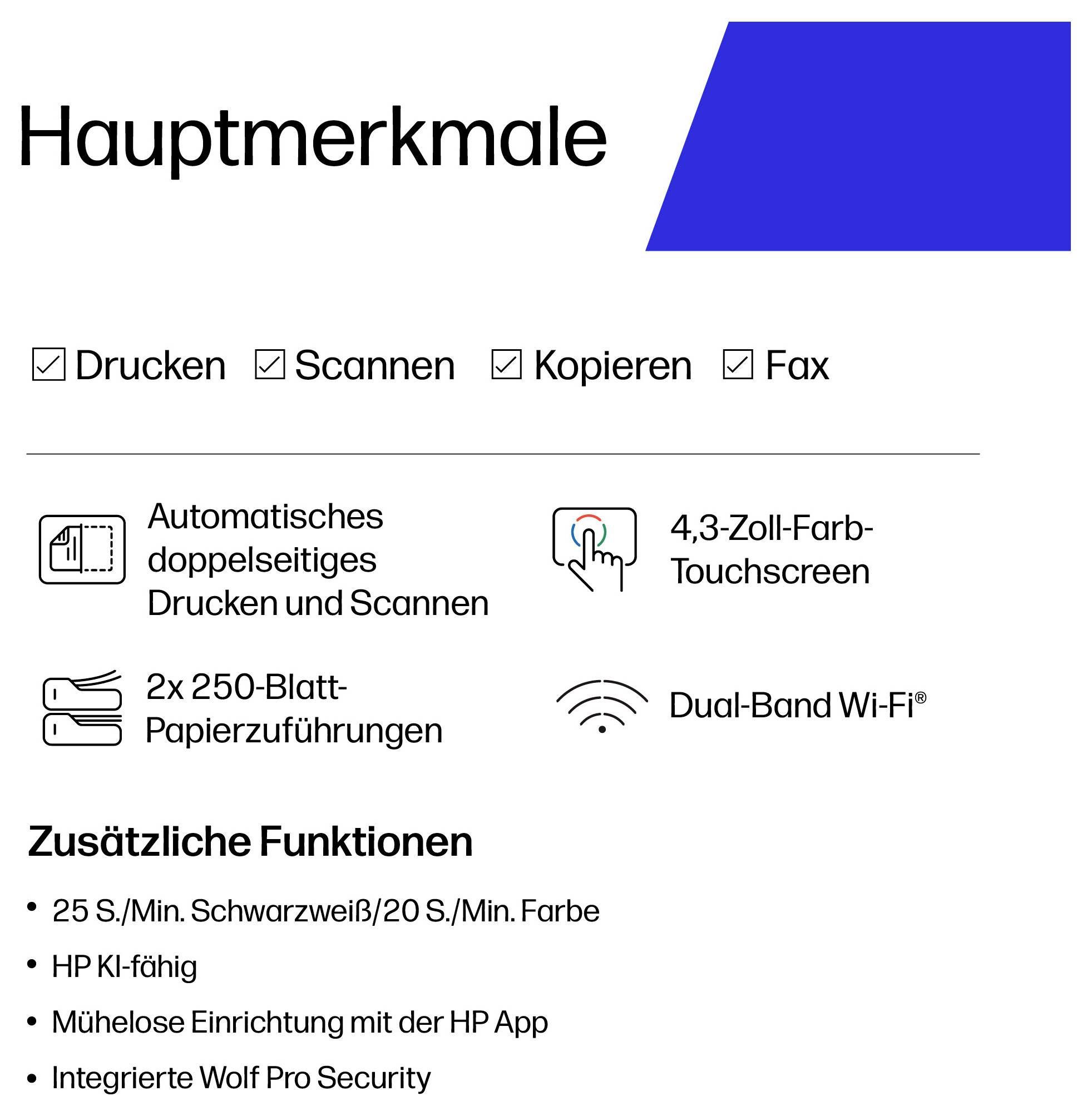 Produktmerkmale des HP-Druckers: Drucken, Scannen, Kopieren, Faxen, automatischer Duplexdruck/Scan, 4,3-Zoll-Farbtouchscreen, Dual-Band-WLAN und zusätzliche Funktionen.