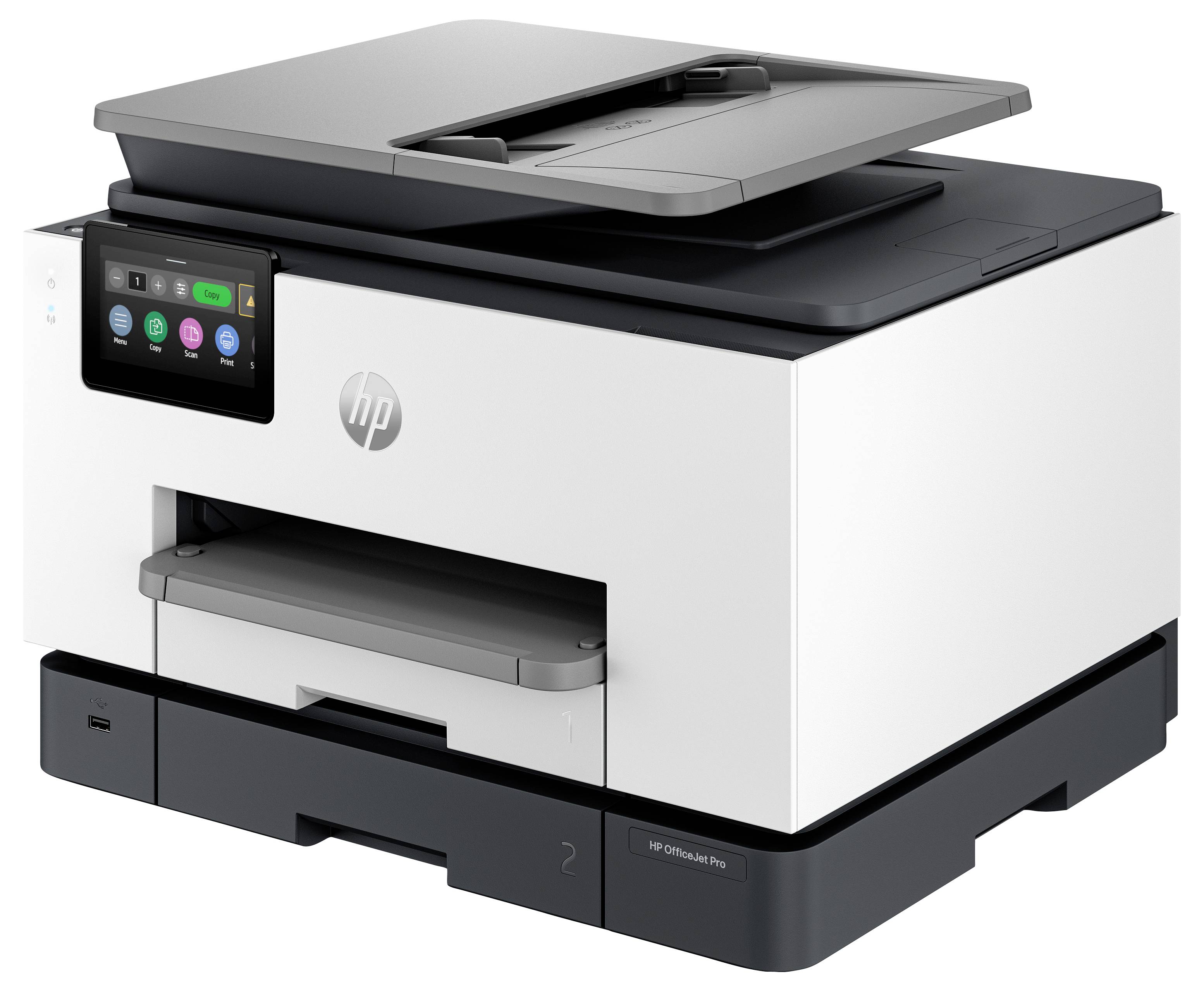 HP OfficeJet Pro Multifunktionsdrucker mit Scannerverschluss und Touchscreen-Bedienfeld auf der Vorderseite.