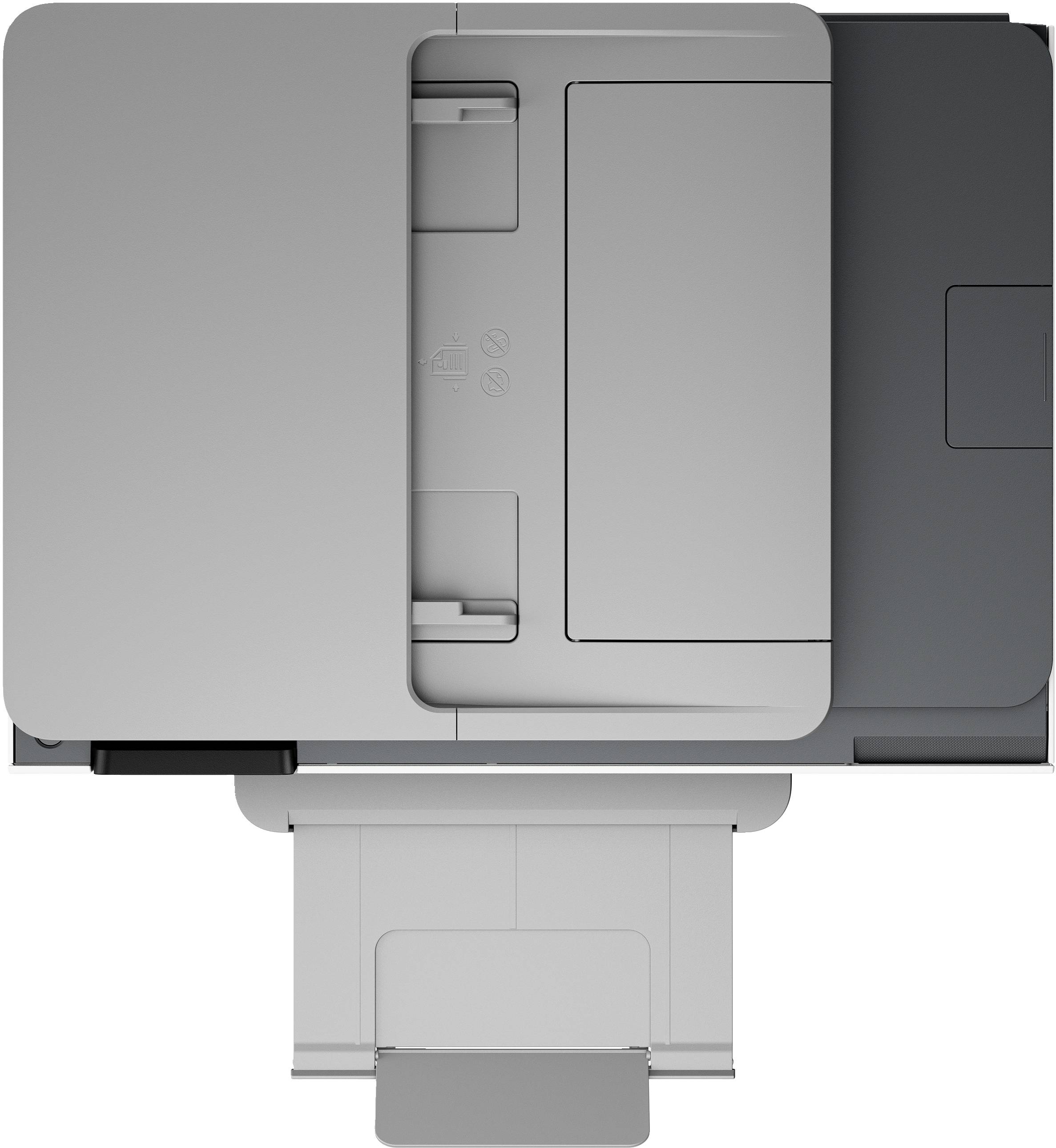 Draufsicht eines grauen Druckers mit einem Papierausgabefach.