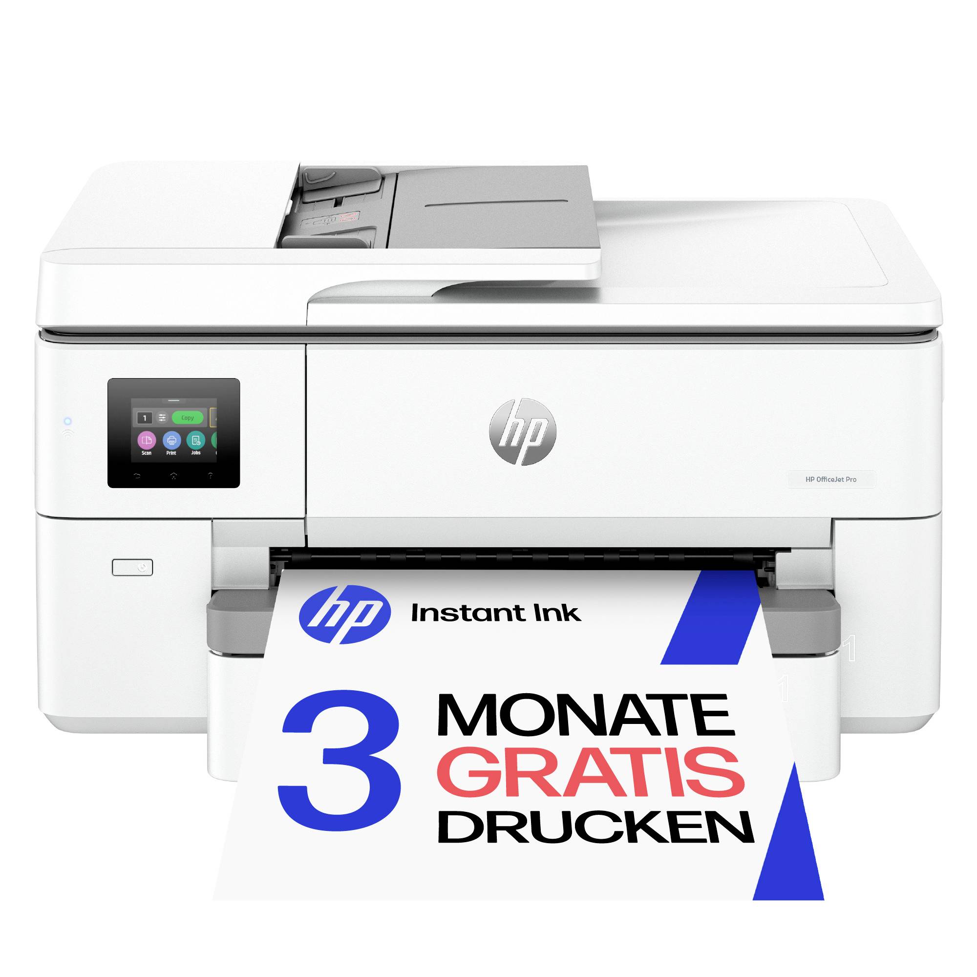 Weißer HP Multifunktionsdrucker, der ein Werbeplakat druckt, auf dem „HP Instant Ink
