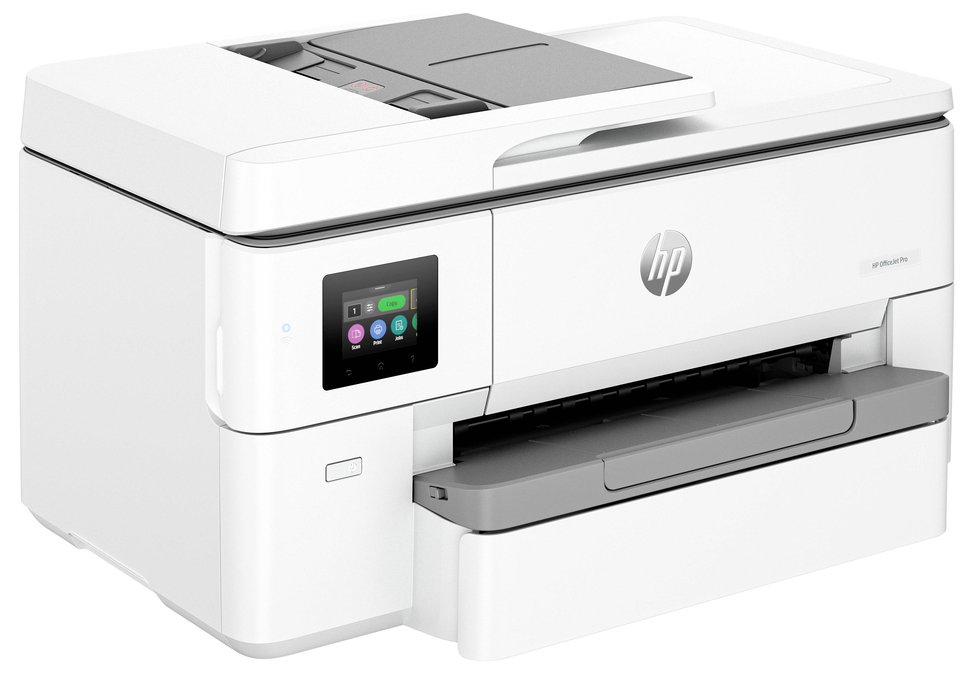 Weißer HP Multifunktionsdrucker mit Touchscreen-Bedienfeld und vorderer Papierausgabeschacht.