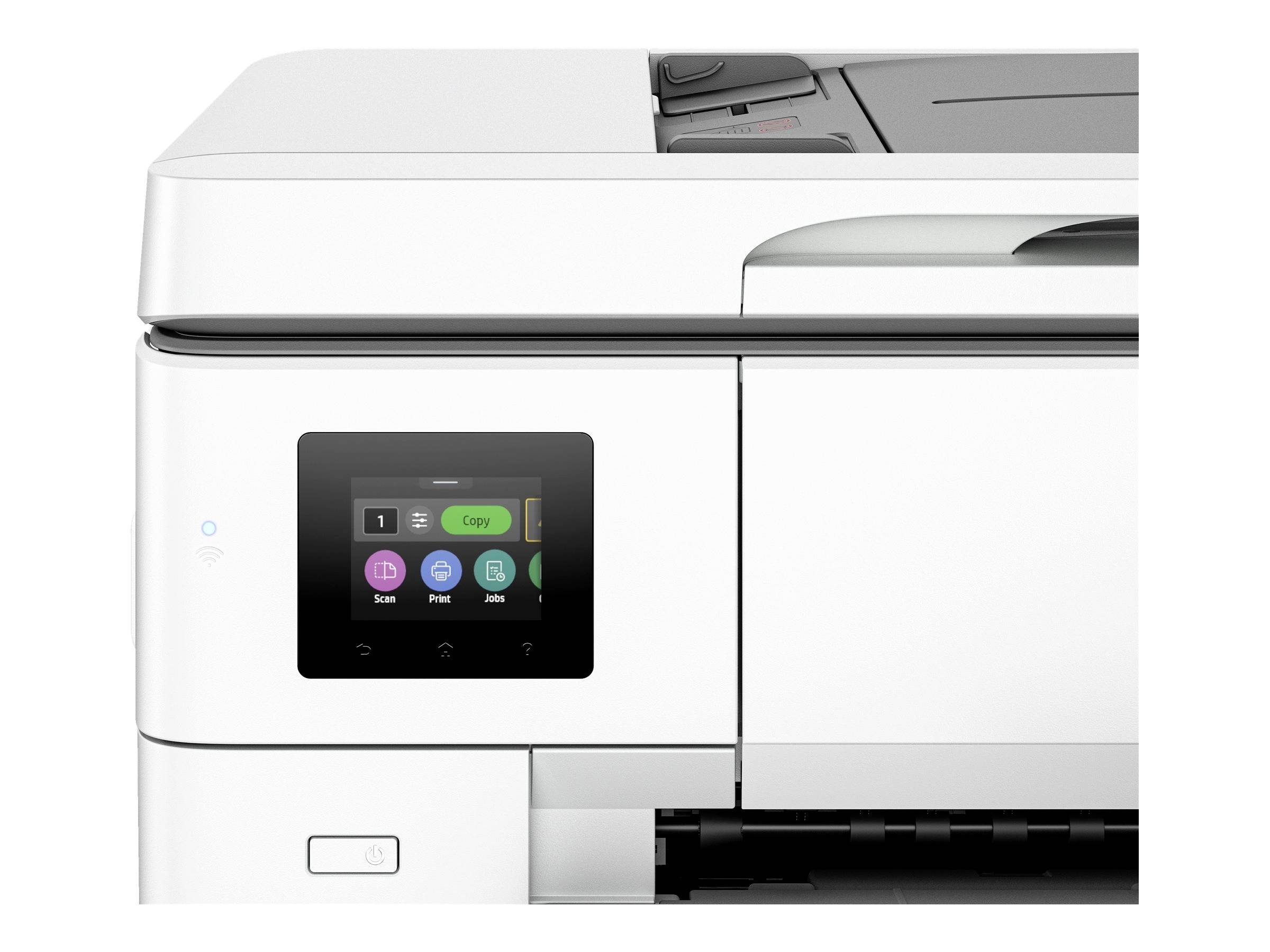 Ein weißer Multifunktionsdrucker mit einem Touchscreen-Display, das Optionen für 'Kopieren', 'Scannen' und 'Faxen' zeigt.