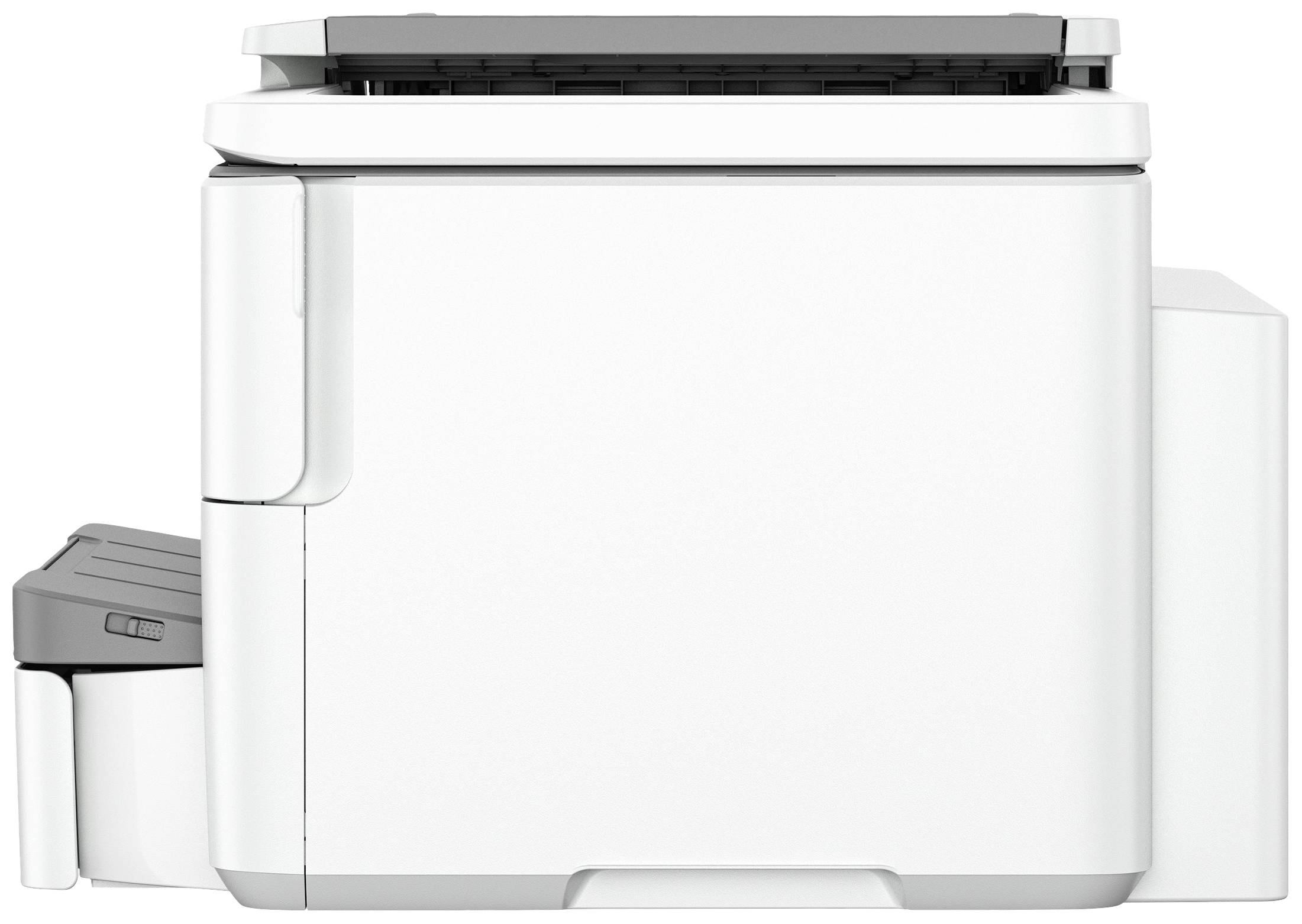 Ein weißer Multifunktionsdrucker in seitlicher Ansicht. Oben ist ein Dokumenteneinzug zu sehen, links ein Ausgabefach.