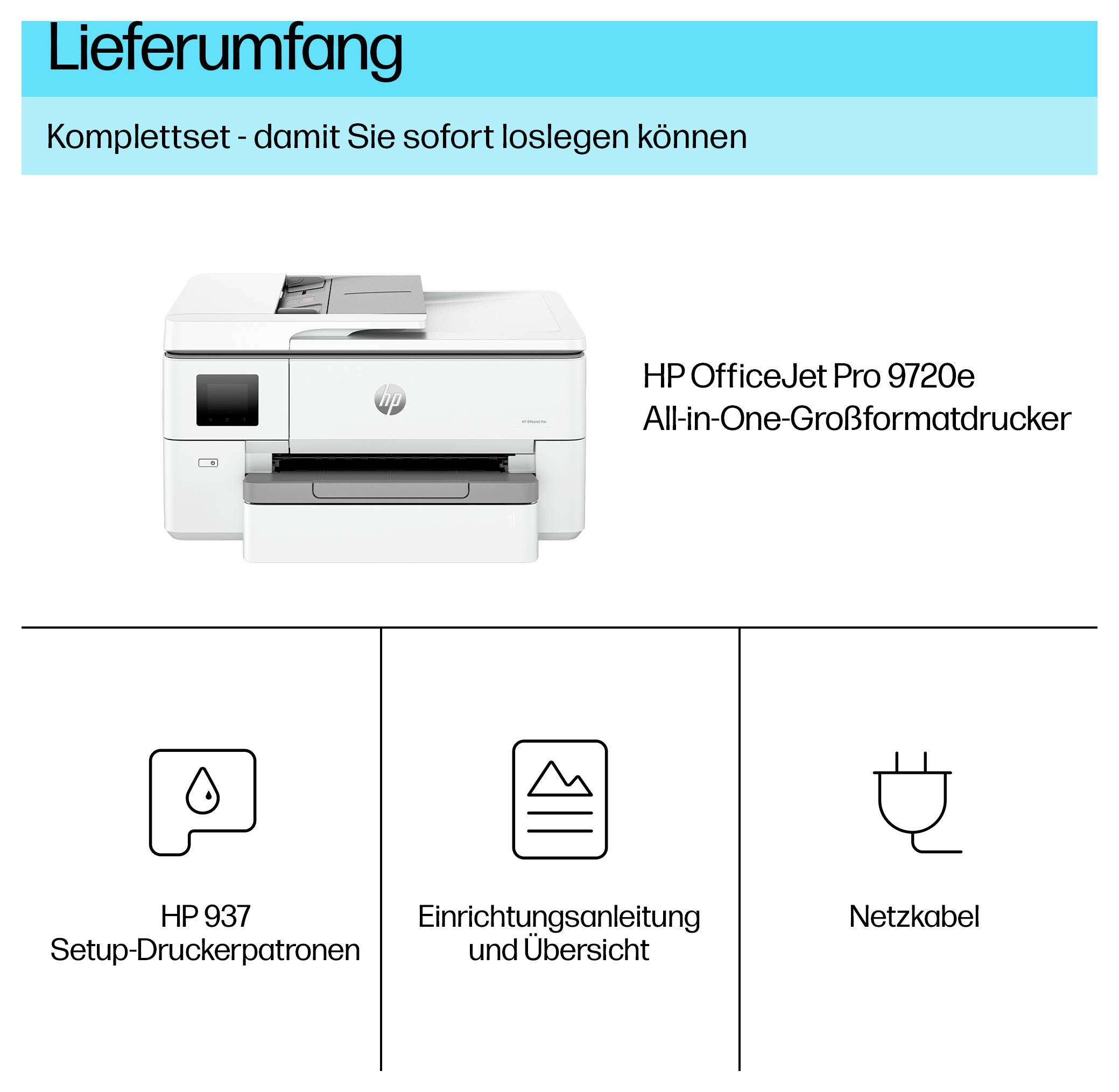 Delivery scope for HP OfficeJet Pro 9720e: Printer, HP 937 setup printer cartridges, setup guide and overview, power cable.