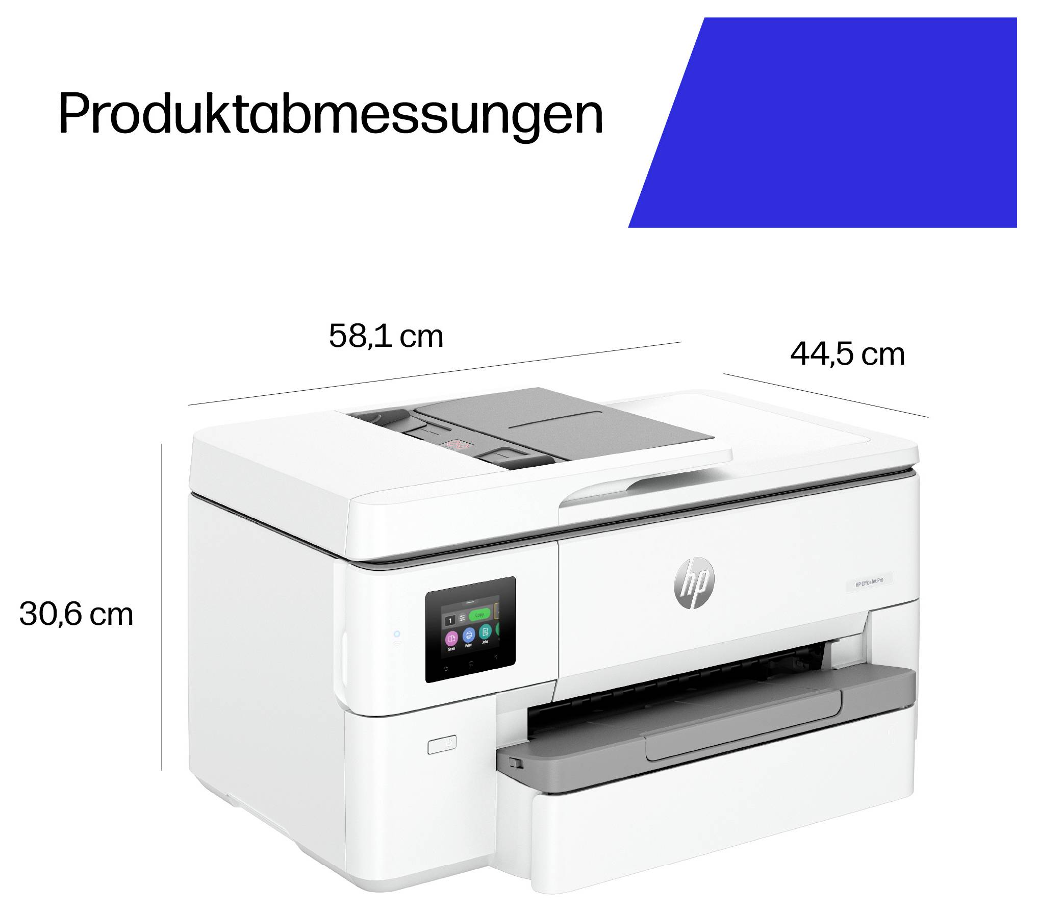 Produktabmessungen-Grafik, die einen HP Multifunktionsdrucker zeigt, mit den Maßen 58,1 cm Breite, 44,5 cm Tiefe und 30,6 cm Höhe.