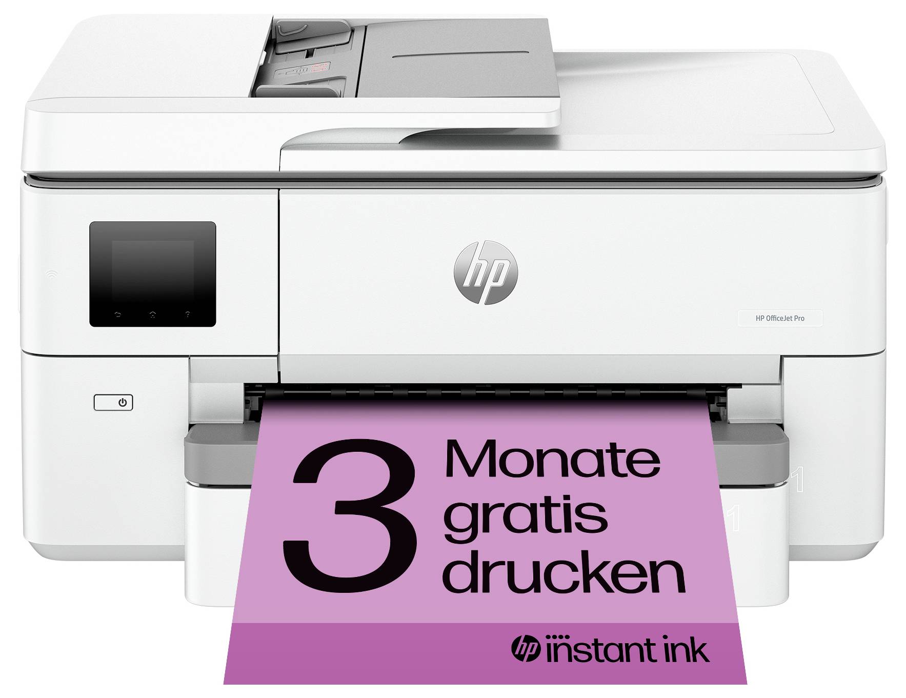 Weißer HP-Drucker druckt ein rosa Werbeblatt mit den Texten „3 Monate gratis drucken" und „hp instant ink".