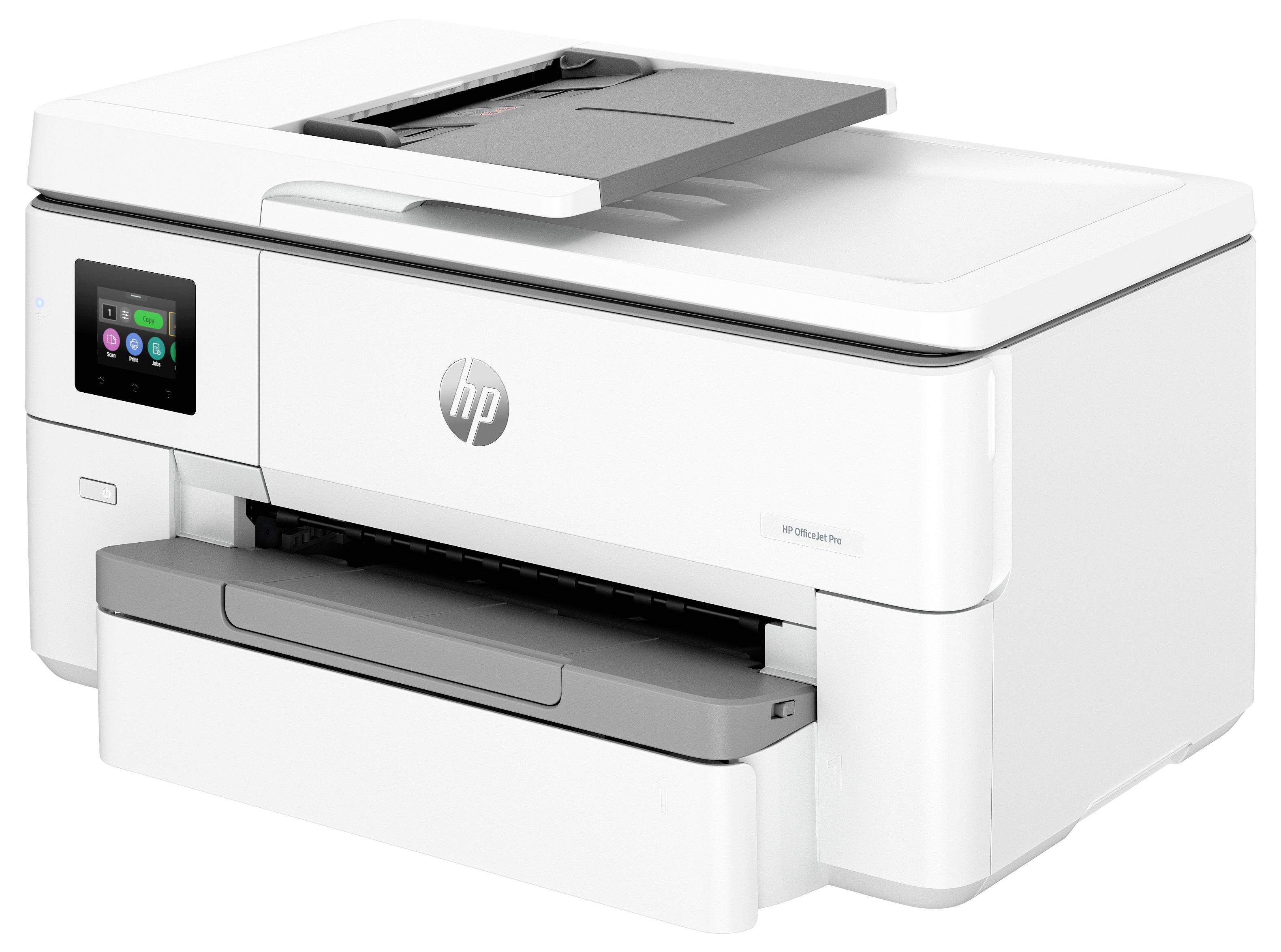Weißer HP Multifunktionsdrucker mit Touchscreen-Display, Scanner-Deckel und offener vorderer Papierschublade auf neutralem Hintergrund.