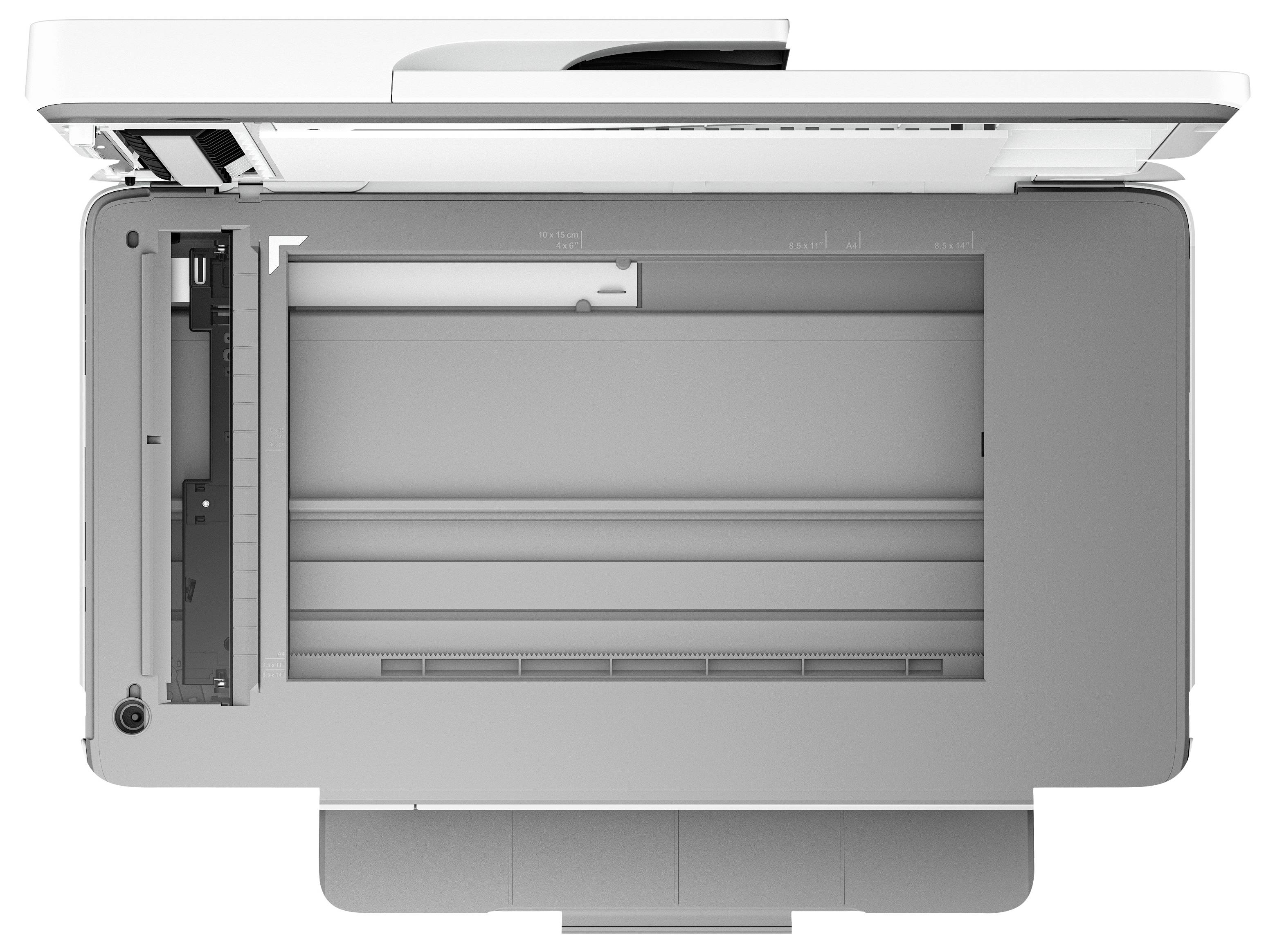 Draufsicht eines offenen Bürodrucker-/Scanners mit angehobener Dokumenteneinzugsabdeckung, die das Papierbett und den internen Scanbereich zeigt.