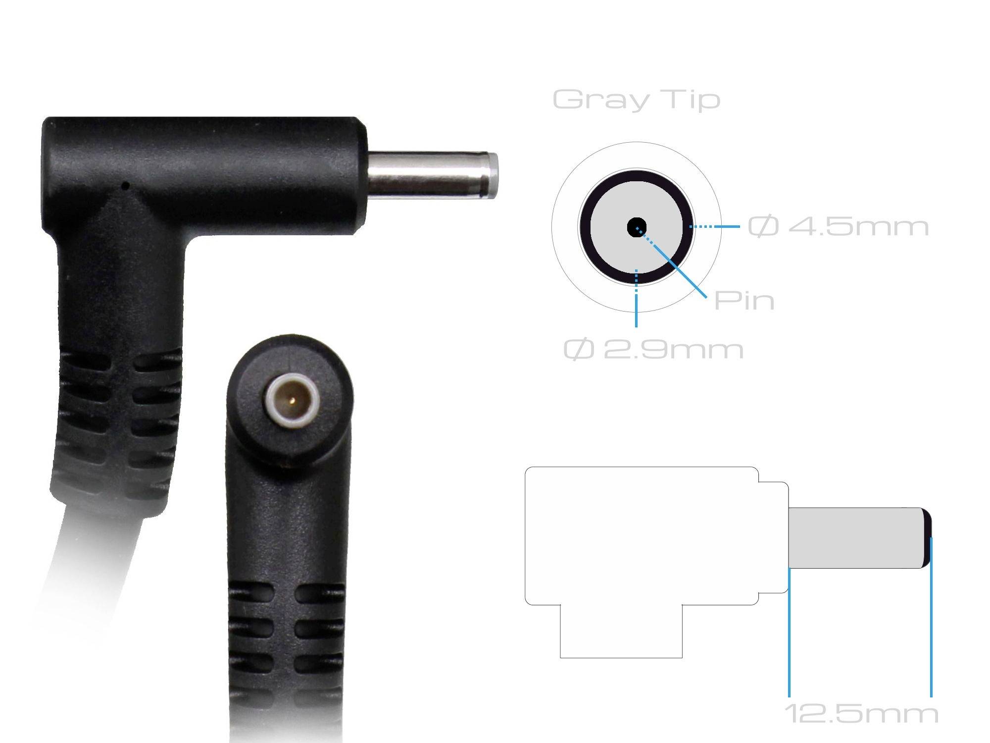 Seitenansicht eines 3,5-mm-Netzadapters mit schwarzem Gehäuse und grauer Spitze. Diagramm mit Maßen: 4,5 mm Breite, 2,9 mm Pin-Durchmesser, 12,5 mm Länge.