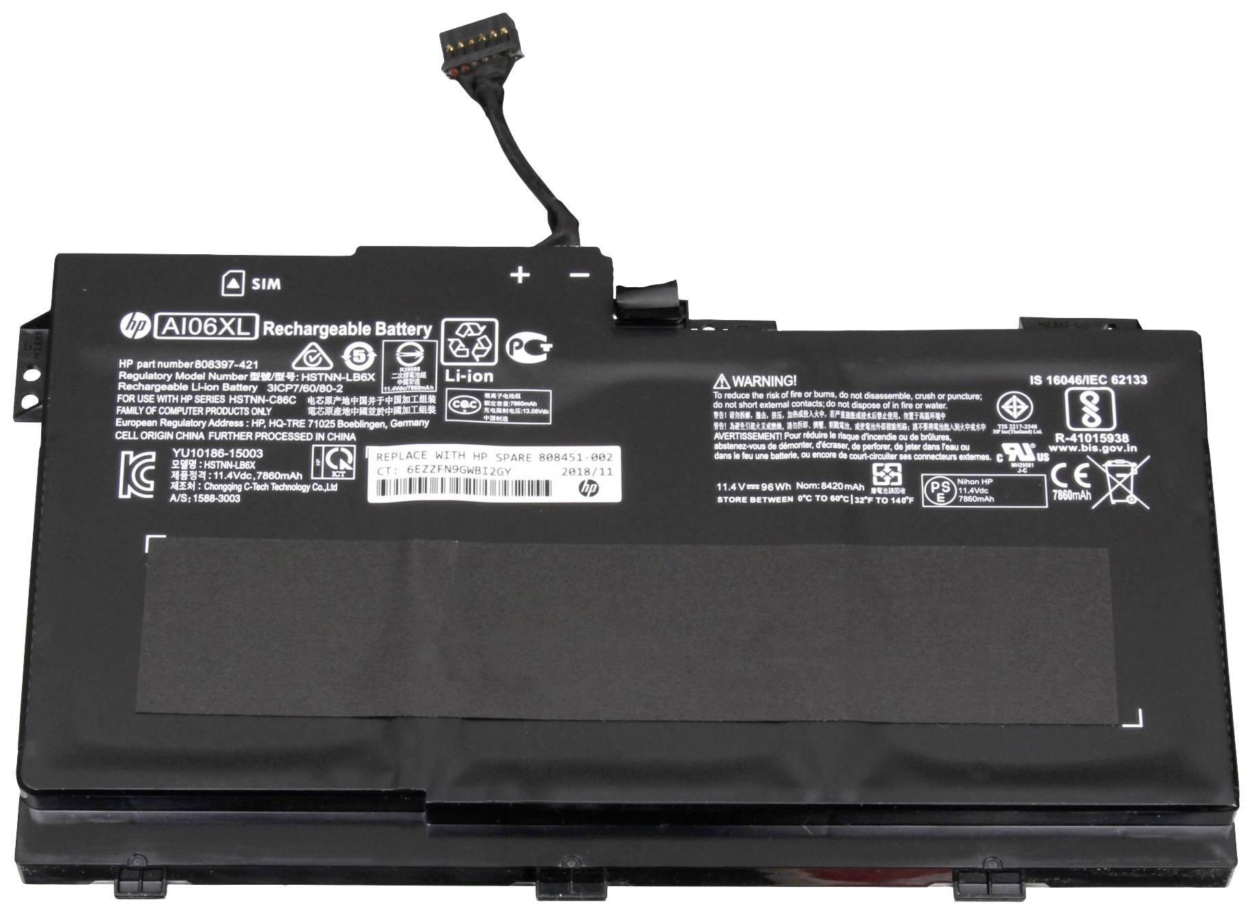 HP Notebook-Akku 808451-002 11.4V 8420 mAh