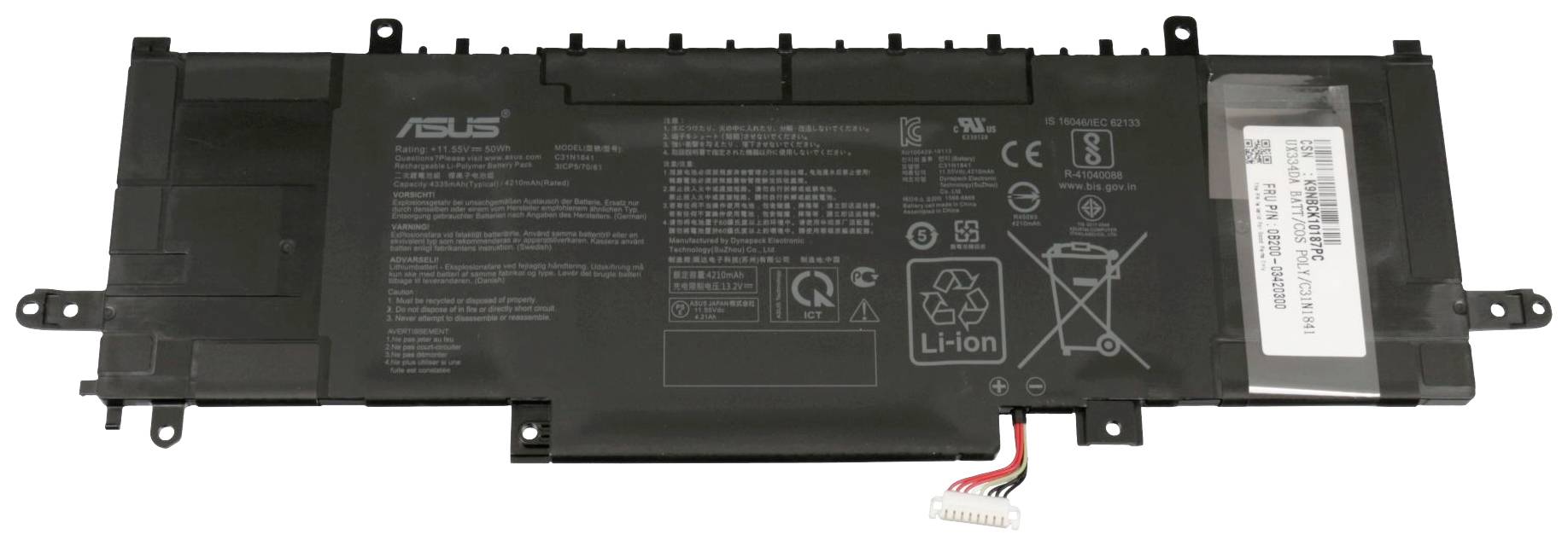 Laptop-Akku mit technischen Spezifikationen und Recycling-Symbolen. Schwarzes, rechteckiges Design mit Kabelanschluss.