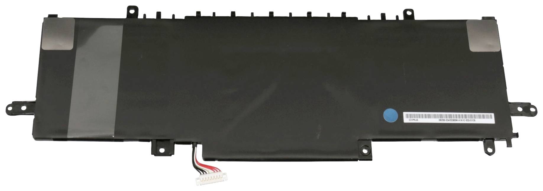 Ein schwarzer Laptop-Akku mit rechteckiger Form, mehreren Zellen und einem weißen, mehrpoligen Anschlusskabel an der Unterseite.