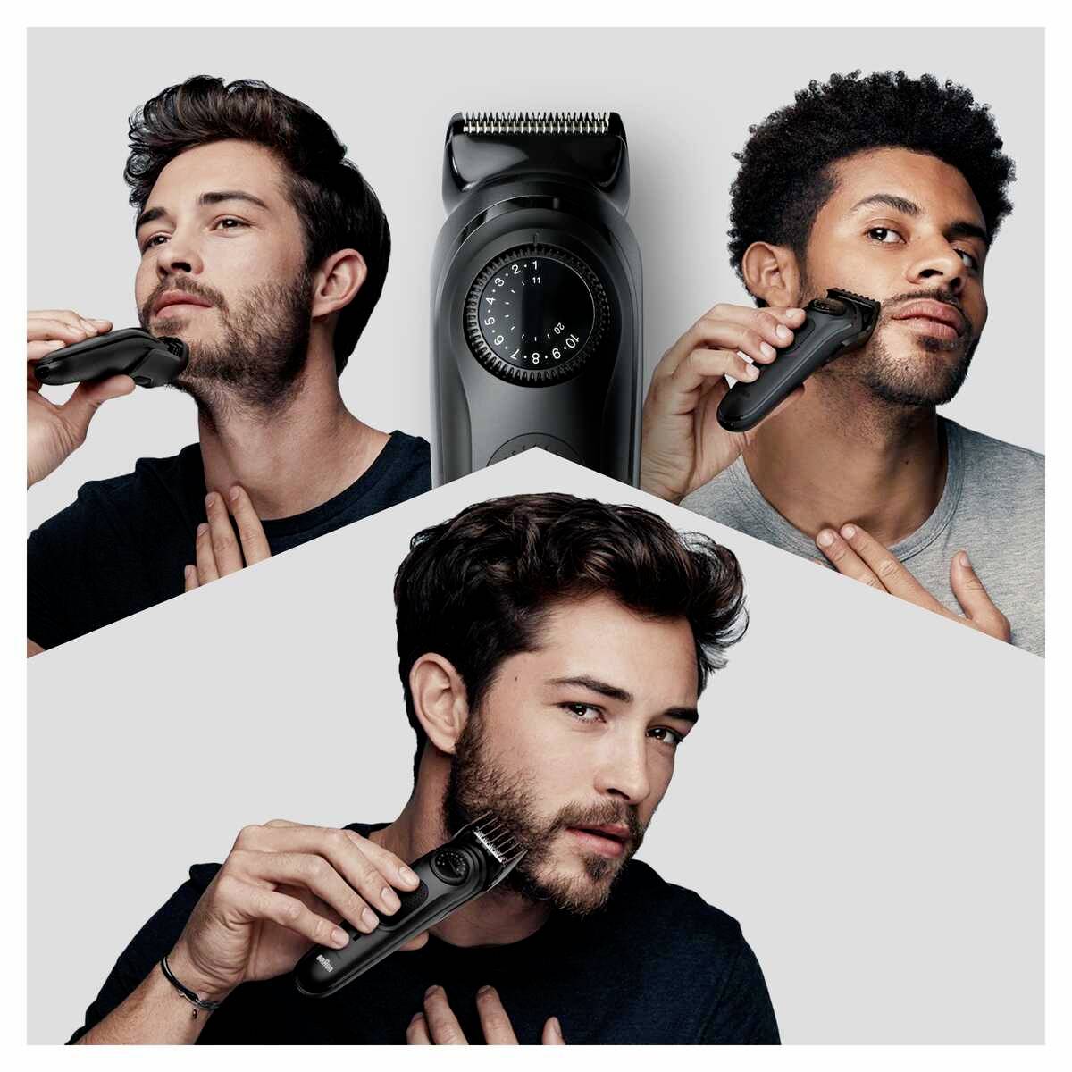 Zwei Männer benutzen einen elektrischen Barttrimmer. Im Hintergrund ist der Trimmer aus der Nähe sichtbar.