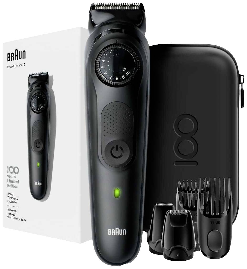Elektrischer Barttrimmer mit verstellbarem Schnittlängenrad, drei Aufsätzen und einer schwarzen Schutzhülle. Verpackung im Hintergrund.