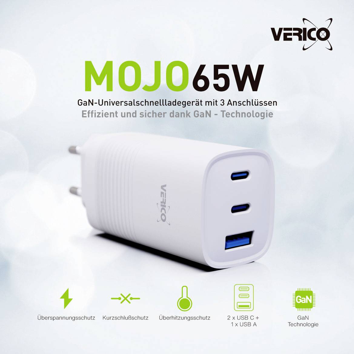 Verico Mojo 65W GaN 3 USB Ladegerät 65W 1x USB-A, 2x USB-C® USB PD Weiß Innenbereich