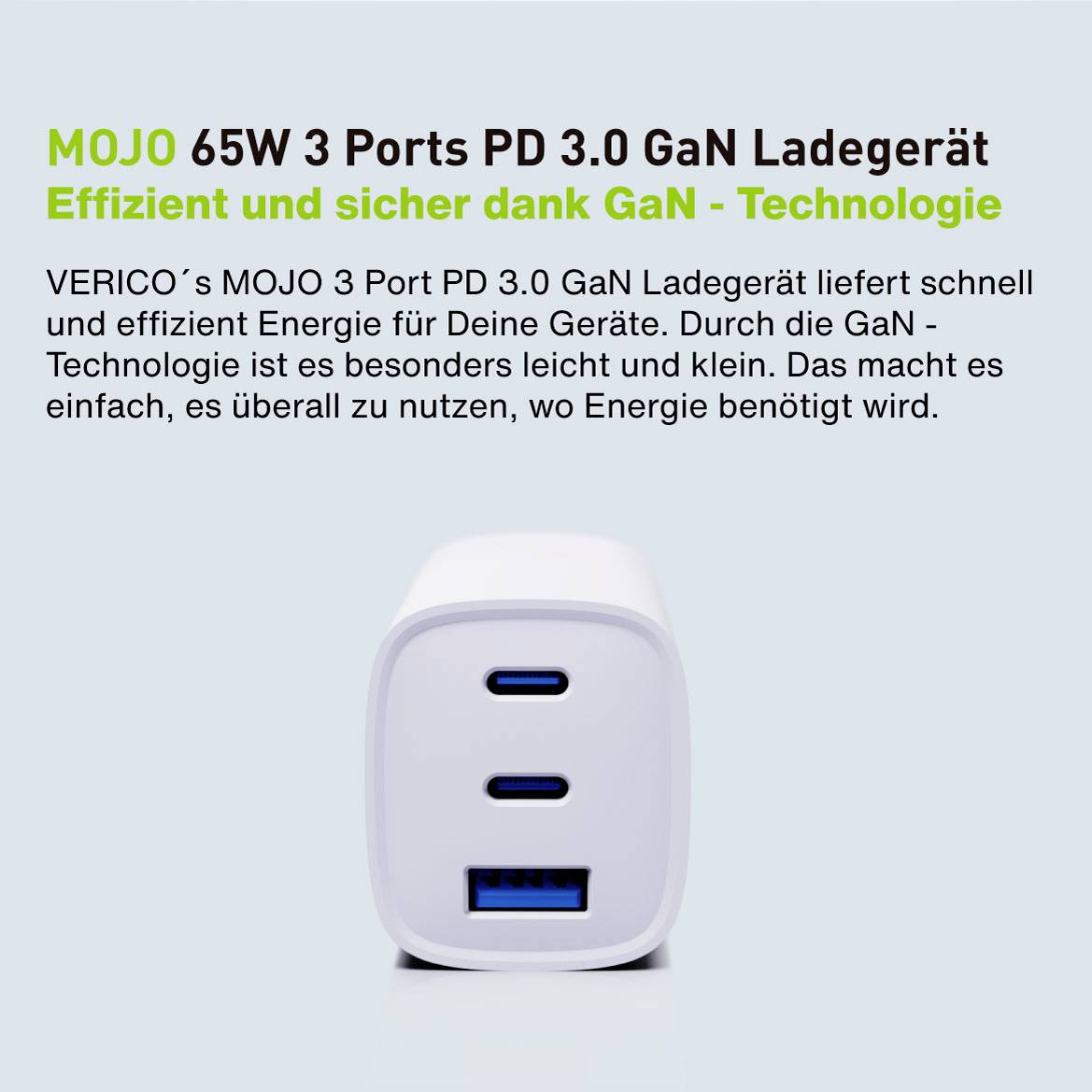 Verico Mojo 65W GaN 3 USB Ladegerät 65W 1x USB-A, 2x USB-C® USB PD Weiß Innenbereich