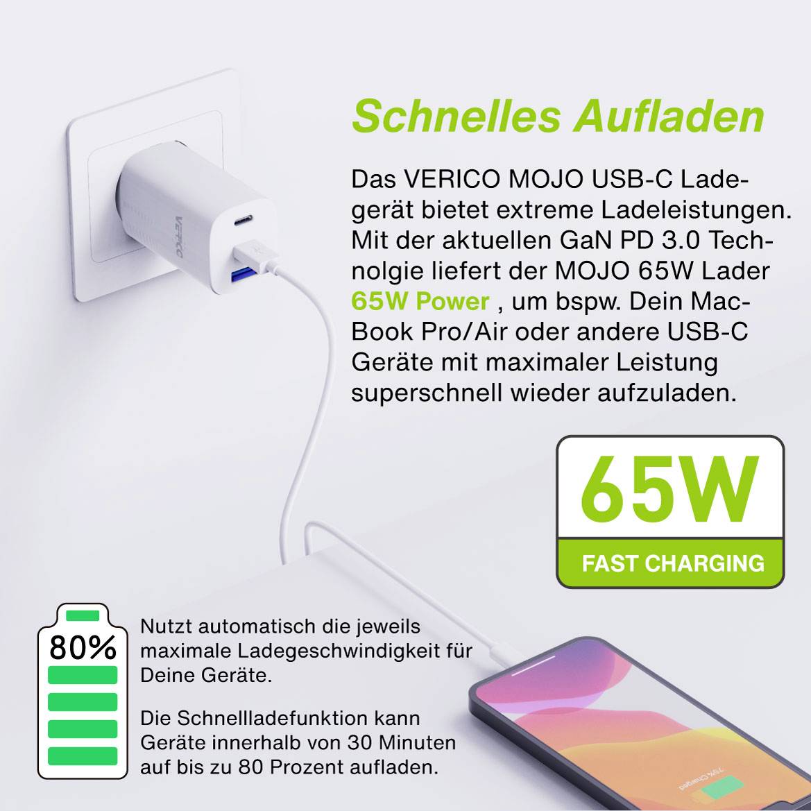 Verico Mojo 65W GaN 3 USB Ladegerät 65W 1x USB-A, 2x USB-C® USB PD Weiß Innenbereich