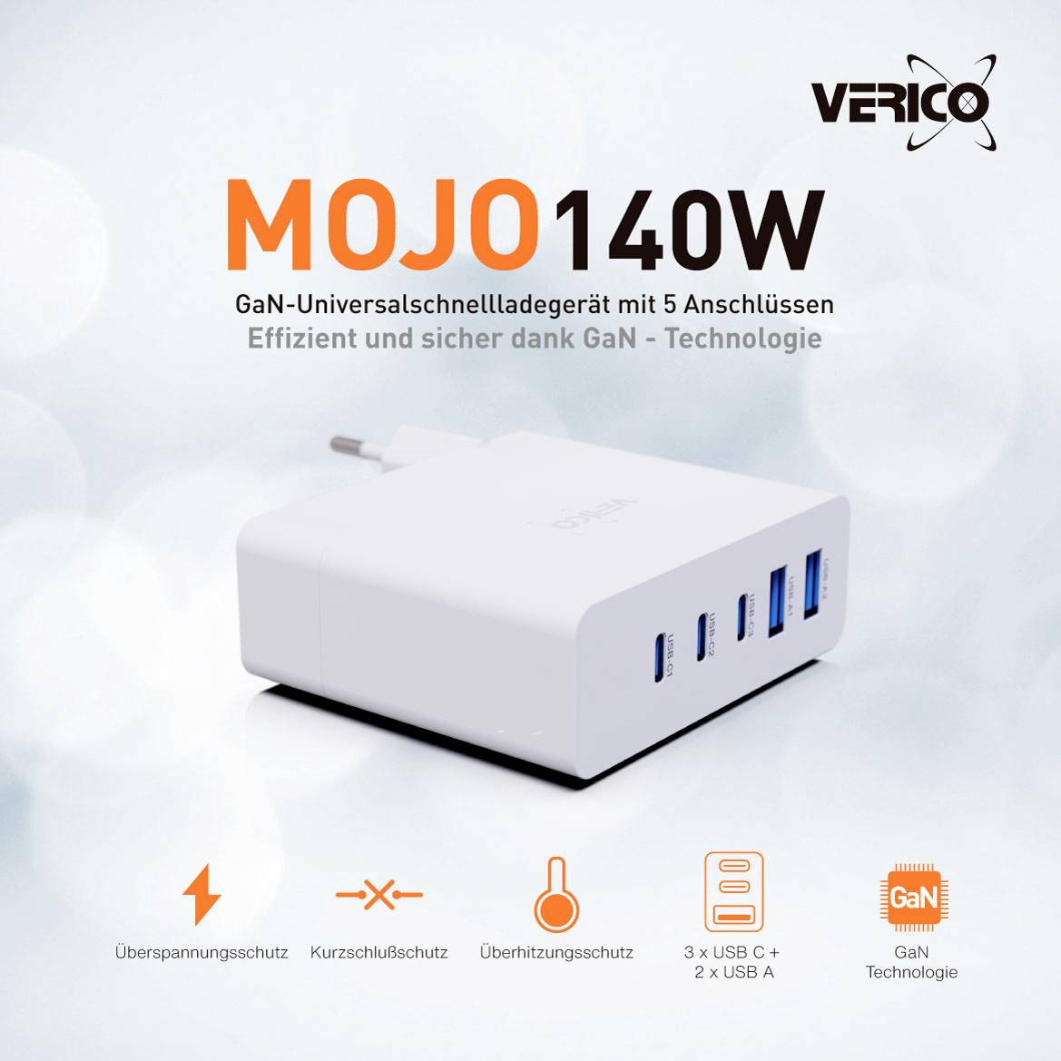 Verico Mojo 140W GaN 5 USB Ladegerät 140W 2x USB-A, 3x USB-C® USB PD 3.0 Weiß Innenbereich