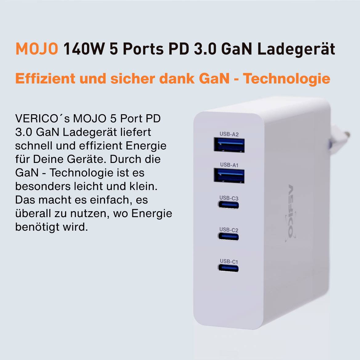 Verico Mojo 140W GaN 5 USB Ladegerät 140W 2x USB-A, 3x USB-C® USB PD 3.0 Weiß Innenbereich