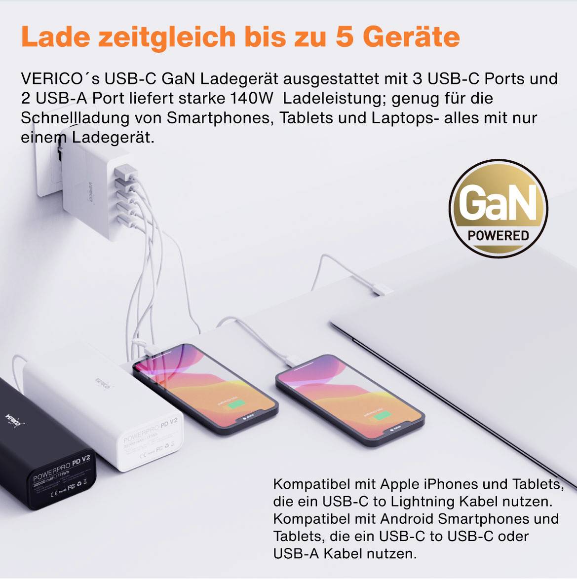 Verico Mojo 140W GaN 5 USB Ladegerät 140W 2x USB-A, 3x USB-C® USB PD 3.0 Weiß Innenbereich