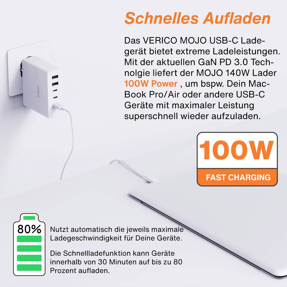 Verico Mojo 140W GaN 5 USB Ladegerät 140 W 2x USB-A, 3x USB-C® USB PD 3.0 Weiß Innenbereich