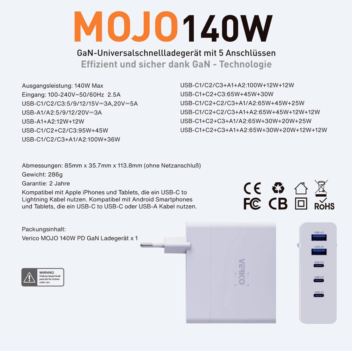 Verico Mojo 140W GaN 5 USB Ladegerät 140W 2x USB-A, 3x USB-C® USB PD 3.0 Weiß Innenbereich