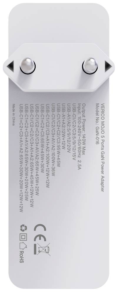 Verico Mojo 140W GaN 5 USB Ladegerät 140W 2x USB-A, 3x USB-C® USB PD 3.0 Weiß Innenbereich