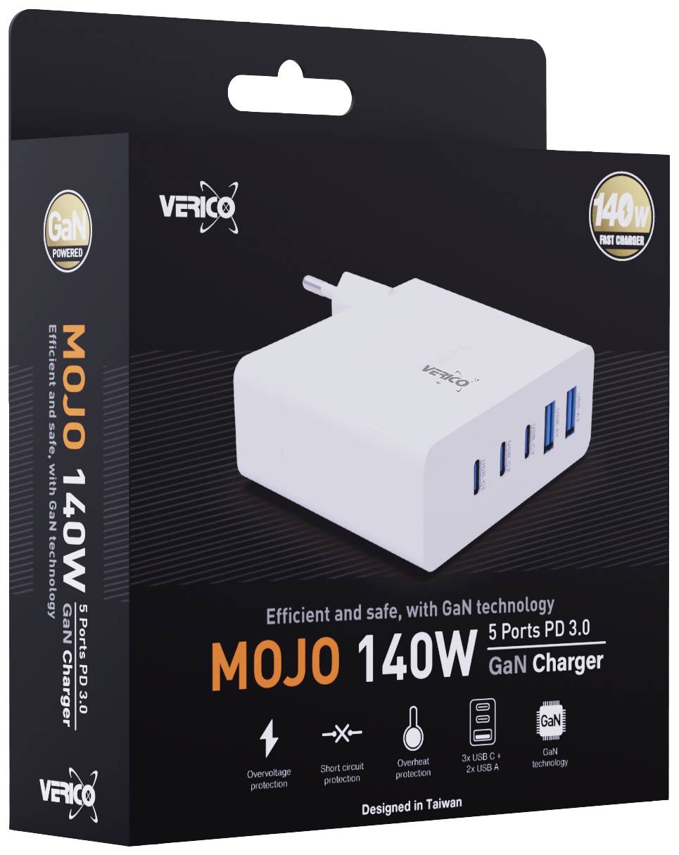 Verico Mojo 140W GaN 5 USB Ladegerät 140 W 2x USB-A, 3x USB-C® USB PD 3.0 Weiß Innenbereich