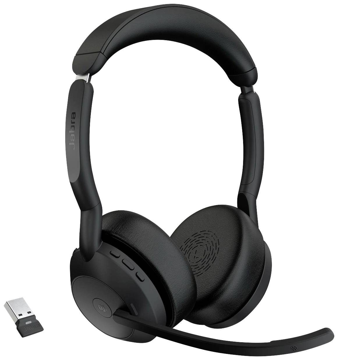 Kabelloses Headset in Schwarz mit Mikrofon und USB-Dongle, geeignet für Anrufe und Musik.