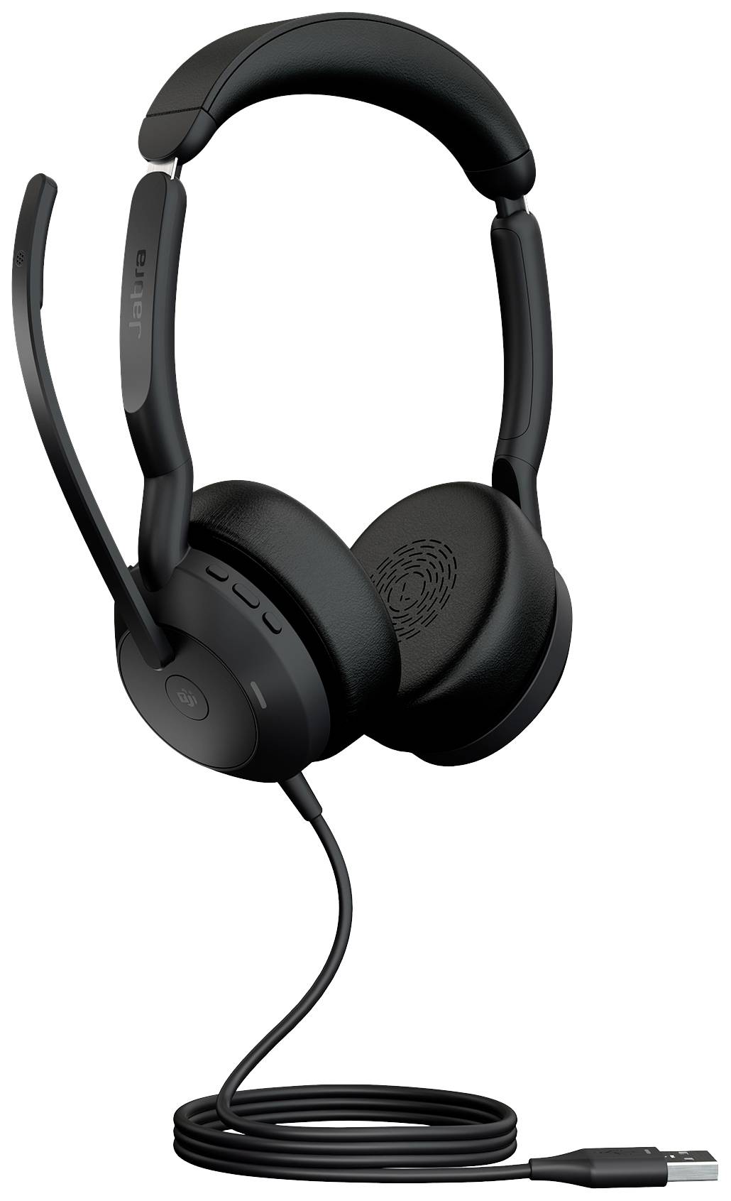 Ein schwarzes Headset mit Ohrmuscheln, Mikrofonarm und Kabel mit USB-Anschluss. Designed für Kommunikation und Komfort.