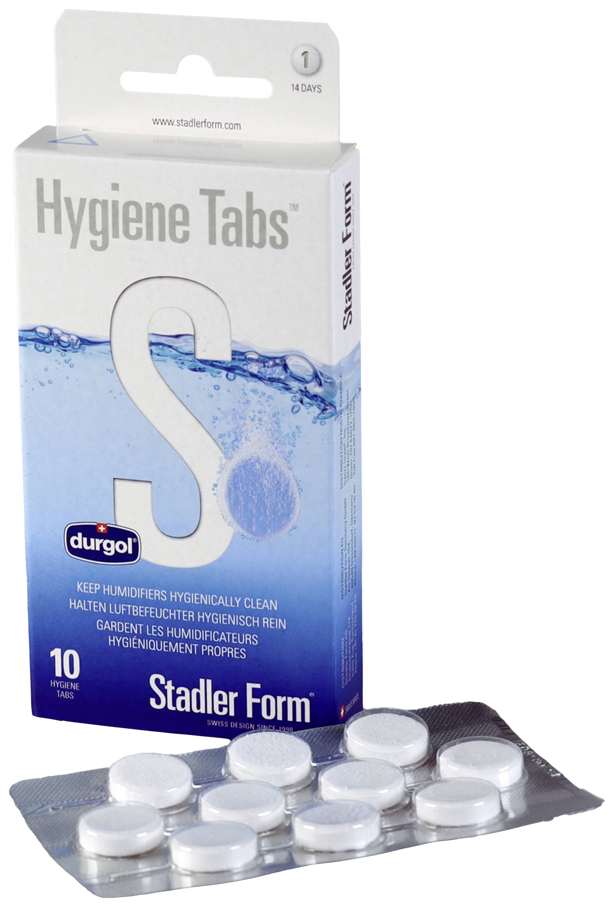 'Hygiene Tabs' für Luftbefeuchter, Verpackung zeigt Tablettenblister davor. Verpackungstext: Halten Luftbefeuchter hygienisch rein.