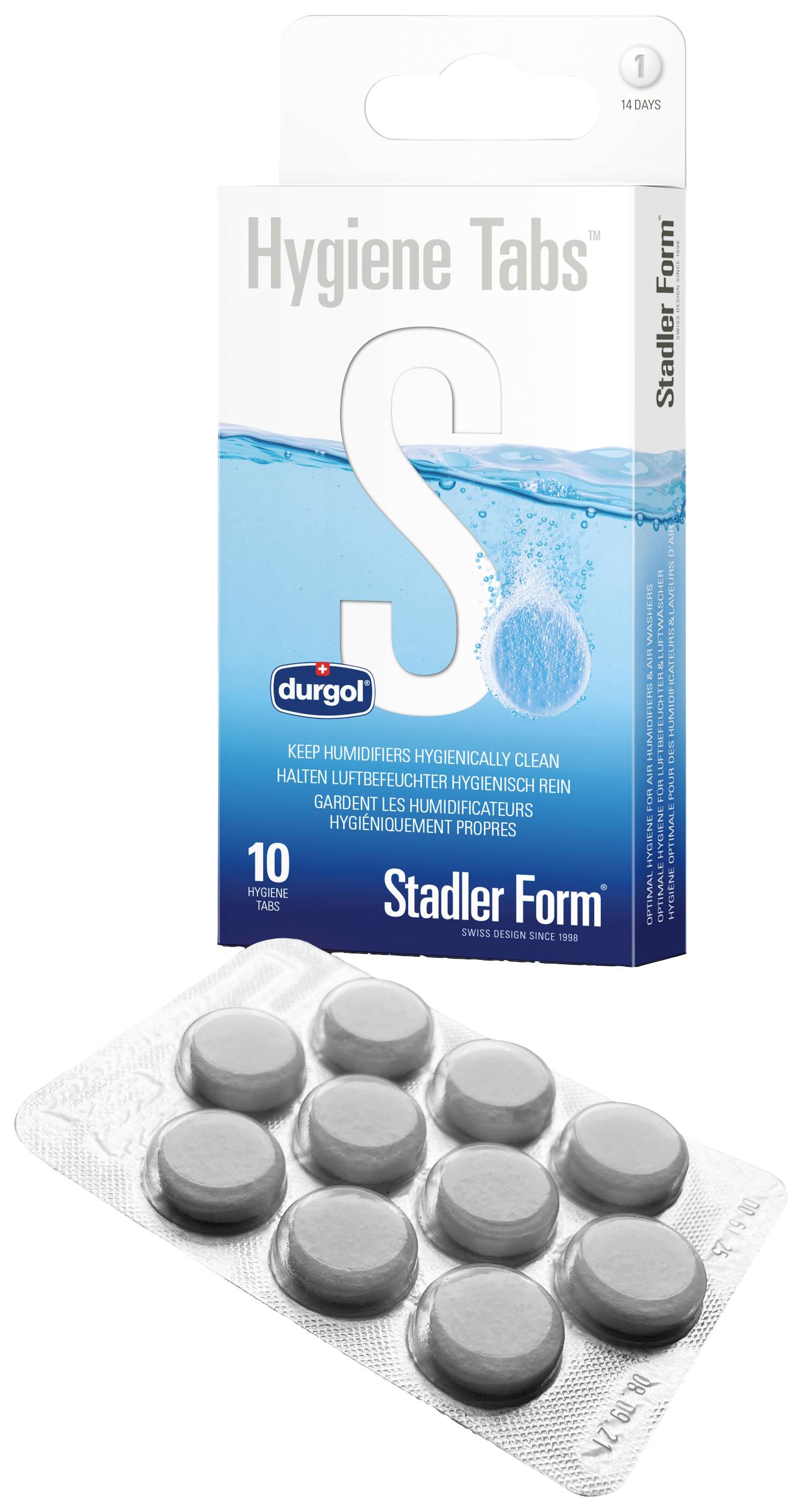 Verpackung und Blister mit 10 Hygiene-Tabletten, geeignet für Kalkentfernung. Markenname 'Stadler Form' und 'durgol' sichtbar.