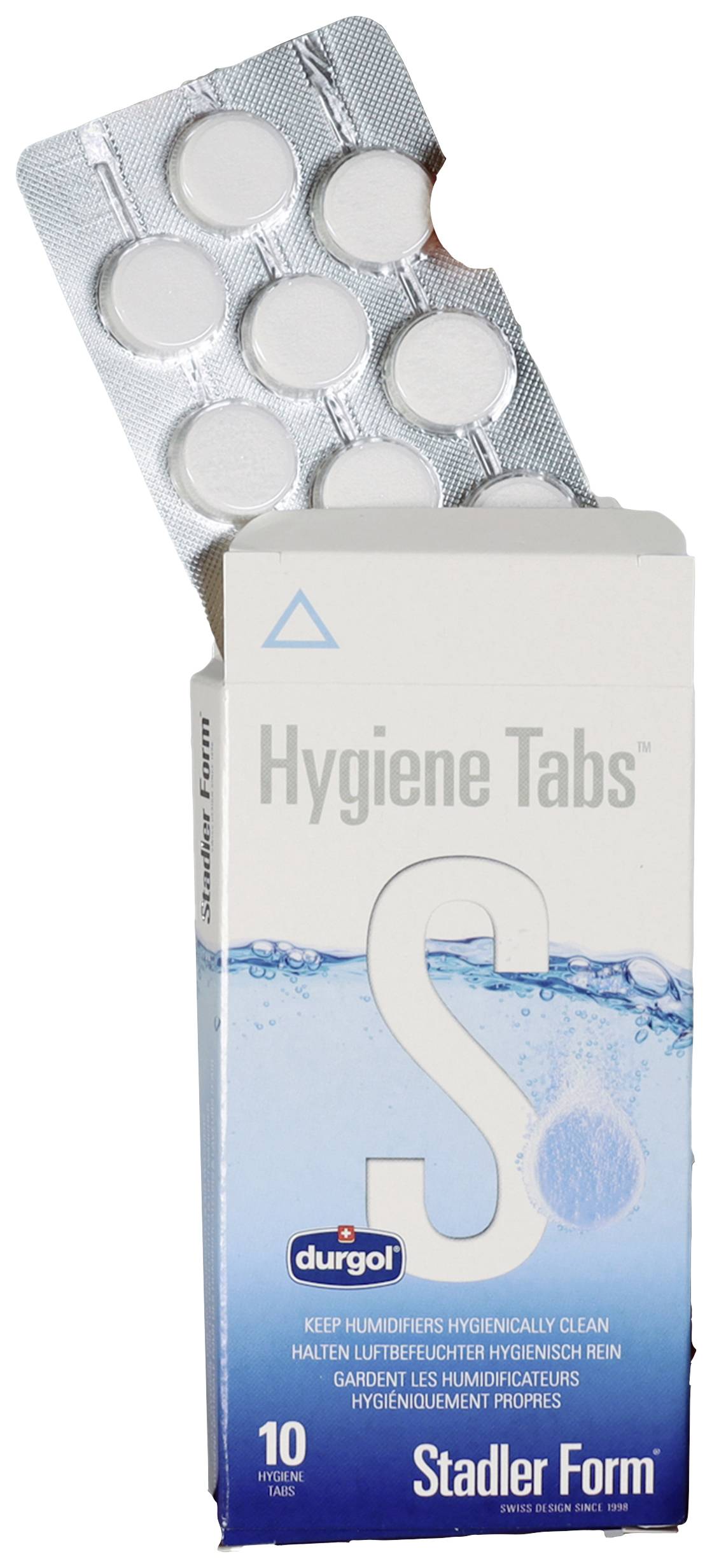 Eine Verpackung mit 'Hygiene Tabs' für Luftreiniger von Stadler Form. Die Schachtel ist geöffnet und zeigt die Tabletten.