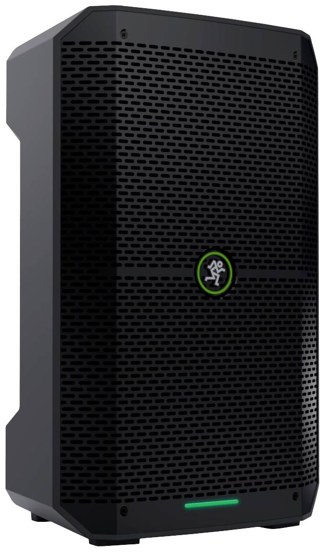 Schwarzer Lautsprecher mit grün leuchtenden Symbol in der Mitte und einer perforierten Frontabdeckung.