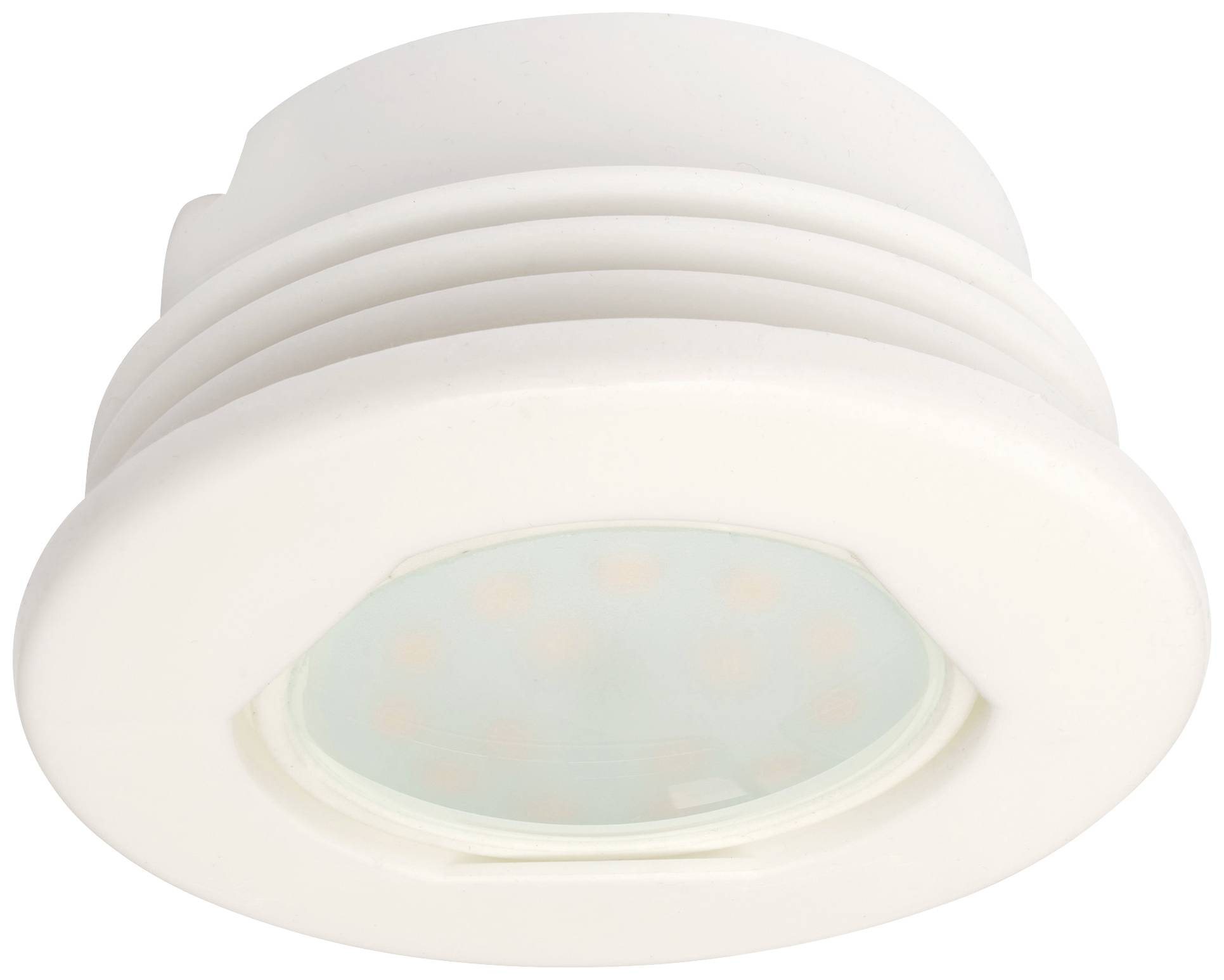 Ein rundes, weißes LED-Deckeneinbauleuchte mit flachem Design, geeignet zur energieeffizienten Raumbeleuchtung.