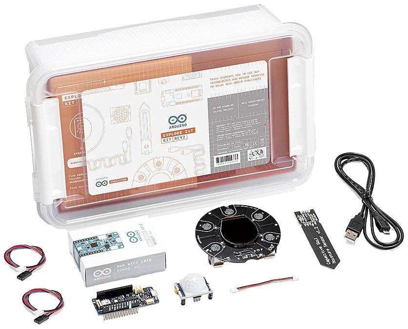 Arduino Kit mit Platine, Sensoren, Kabel und Zubehör. Enthält alles, um Elektronikprojekte zu starten. Verpackt in transparentem Behälter.