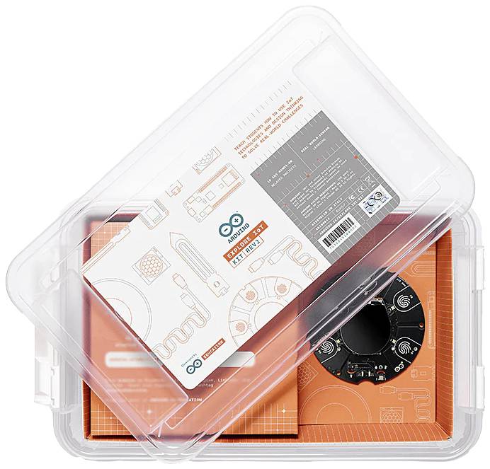 Arduino Starter Kit in transparenter Box mit elektronischen Komponenten und Anleitungen zum Erstellen von Projekten.