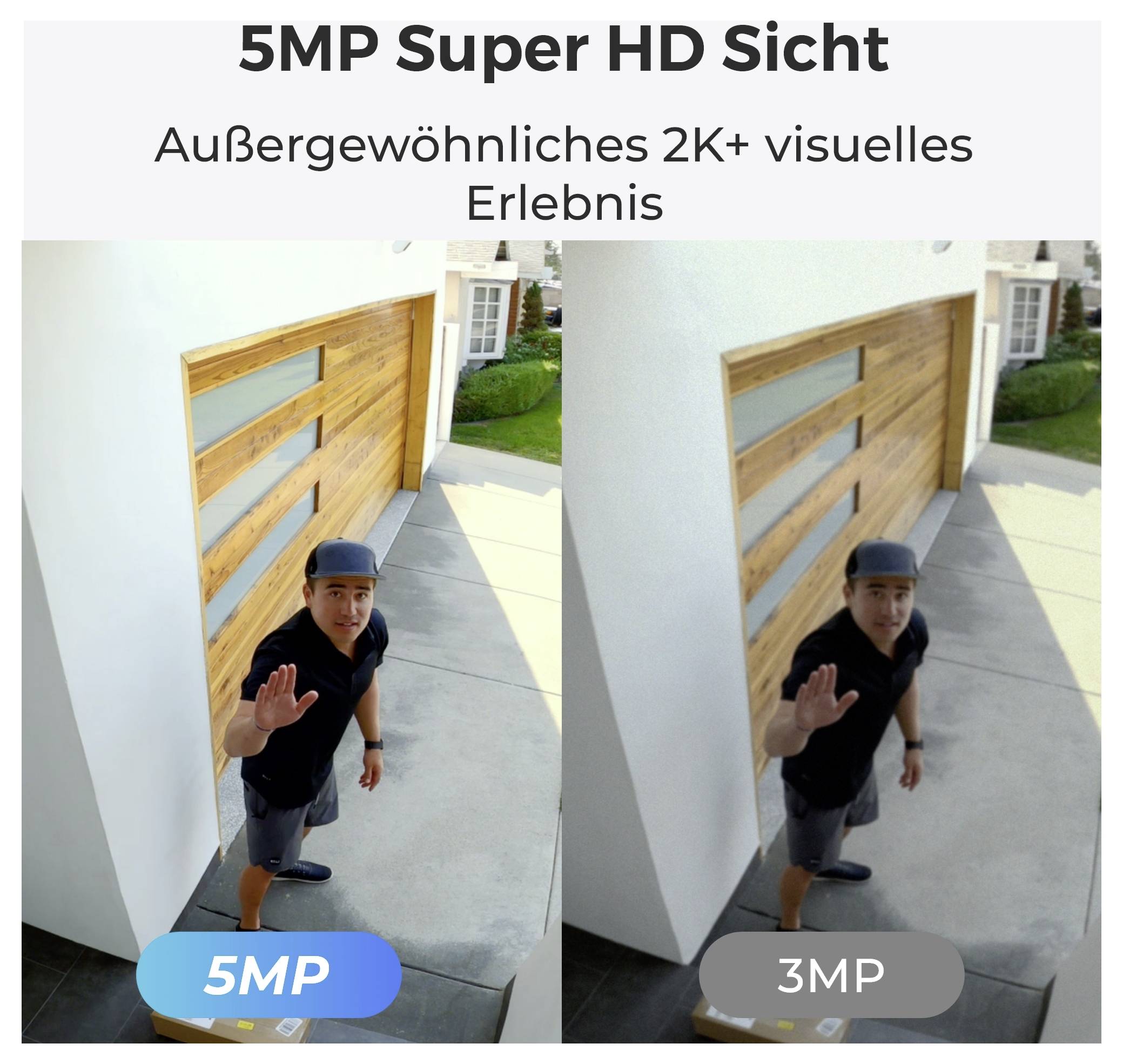 '5MP Super HD Sicht' Bildvergleich, der eine klarere, schärfere Ansicht im linken 5MP-Bereich im Vergleich zum etwas unschärferen 3MP auf der rechten Seite zeigt.