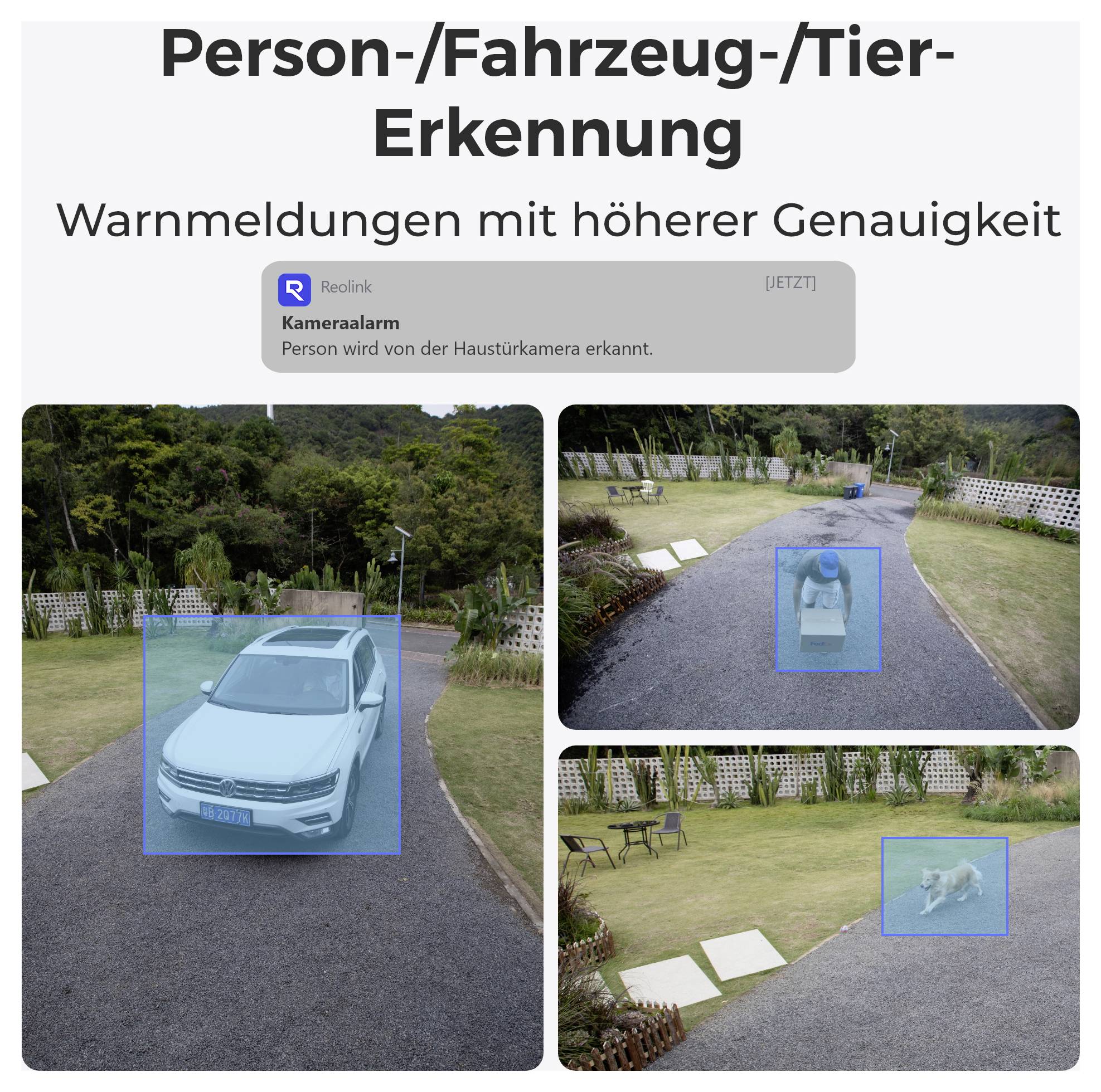 'Personen-/Fahrzeug-/Tier-Erkennung' Aufnahmen mit einem Auto, einer Person und einem Tier, mit Benachrichtigungstext: 'Kameraalarm' bei Personenerkennung.