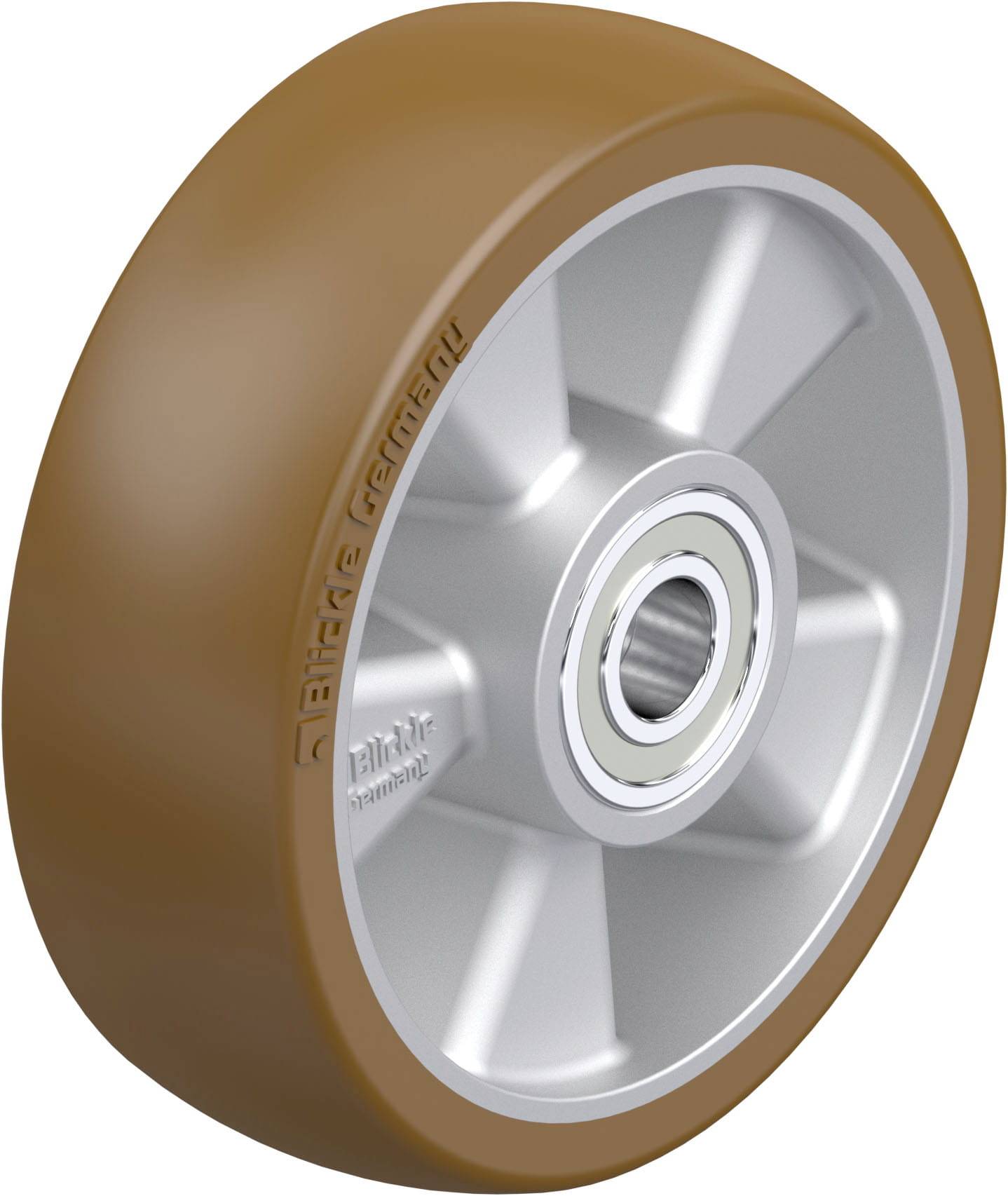 Industrie-Rad mit brauner Lauffläche und silberner Felge. Geeignet für Maschinen oder Transportwagen.