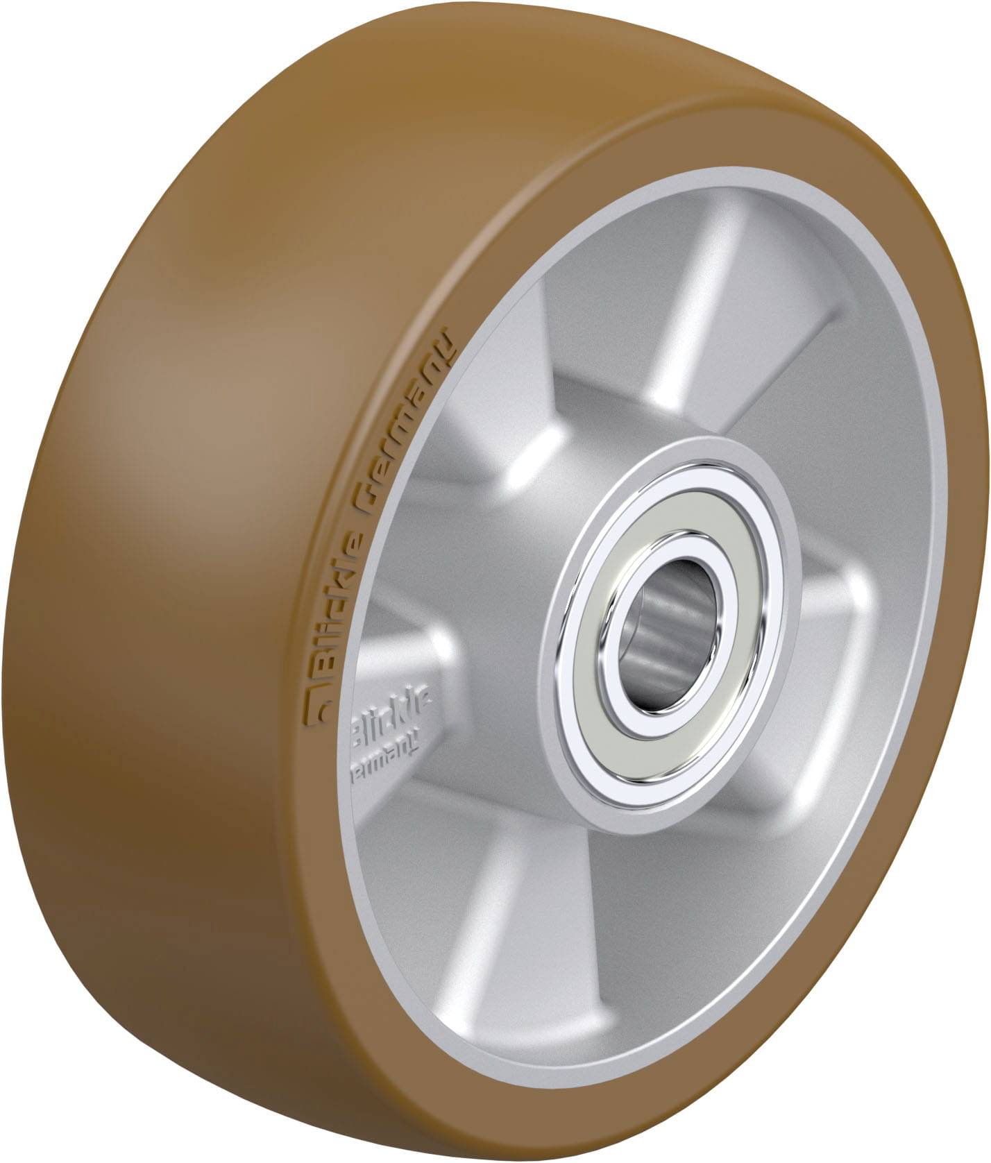 Rotes Rad mit silberner Metallfelge und Mittelloch. Eignet sich für industrielle Anwendungen und Transportgeräte.